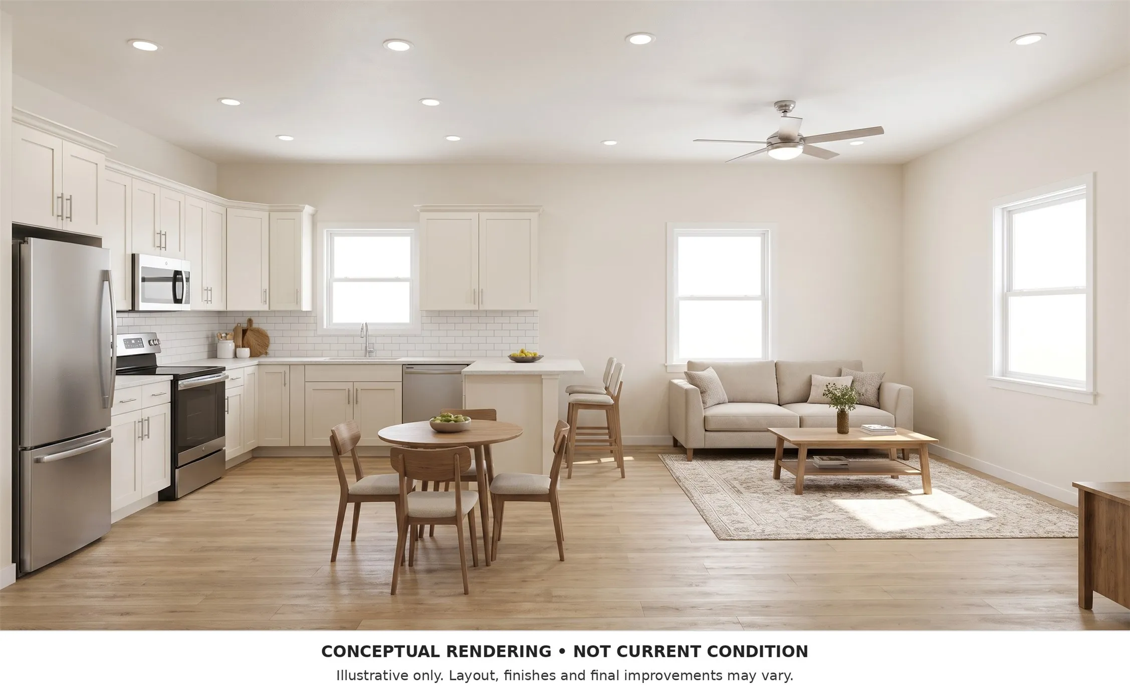 Conceptual living/kitchen rendering showing proposed finishes. Not current condition. Property is sold AS-IS, down to the studs; construction is not included.
