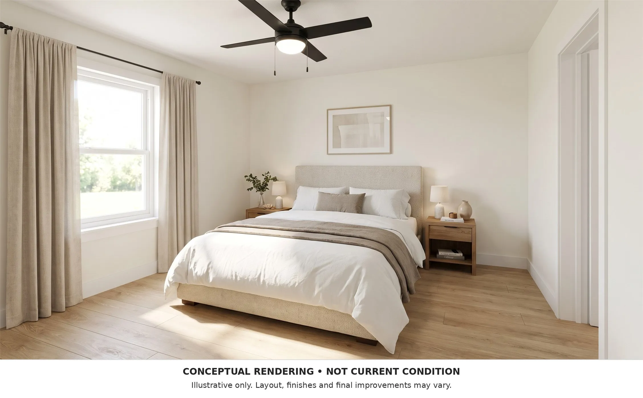 Conceptual bedroom rendering showing proposed finishes, not current condition. Final improvements may vary.