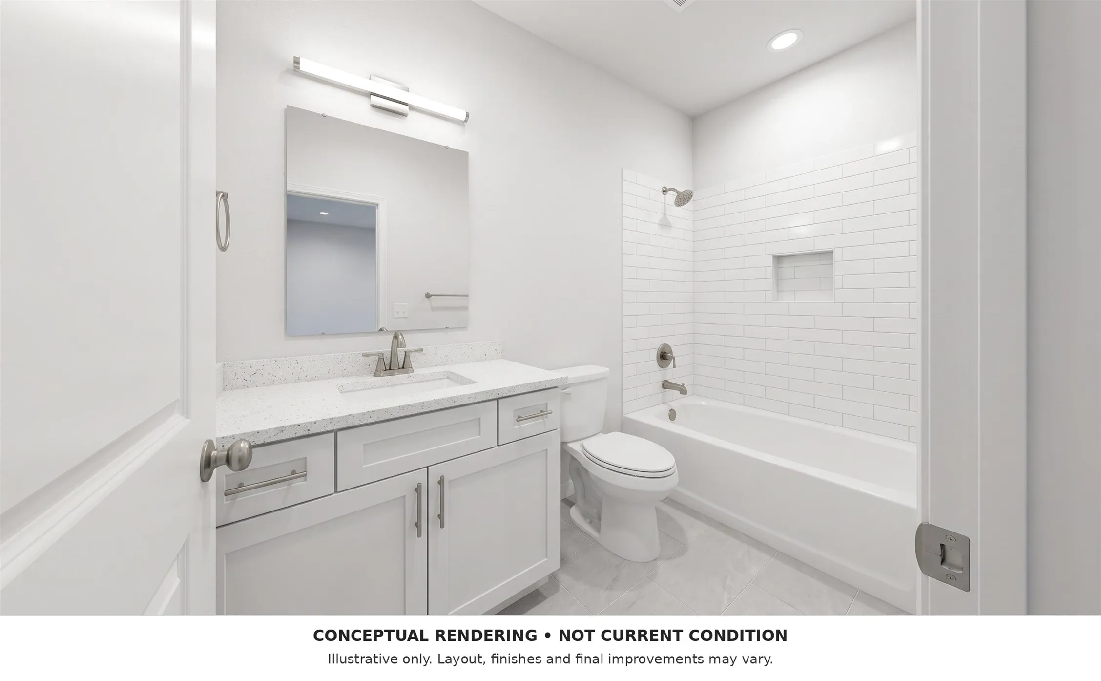 Conceptual bathroom rendering showing proposed finishes, not current condition. Final improvements may vary.