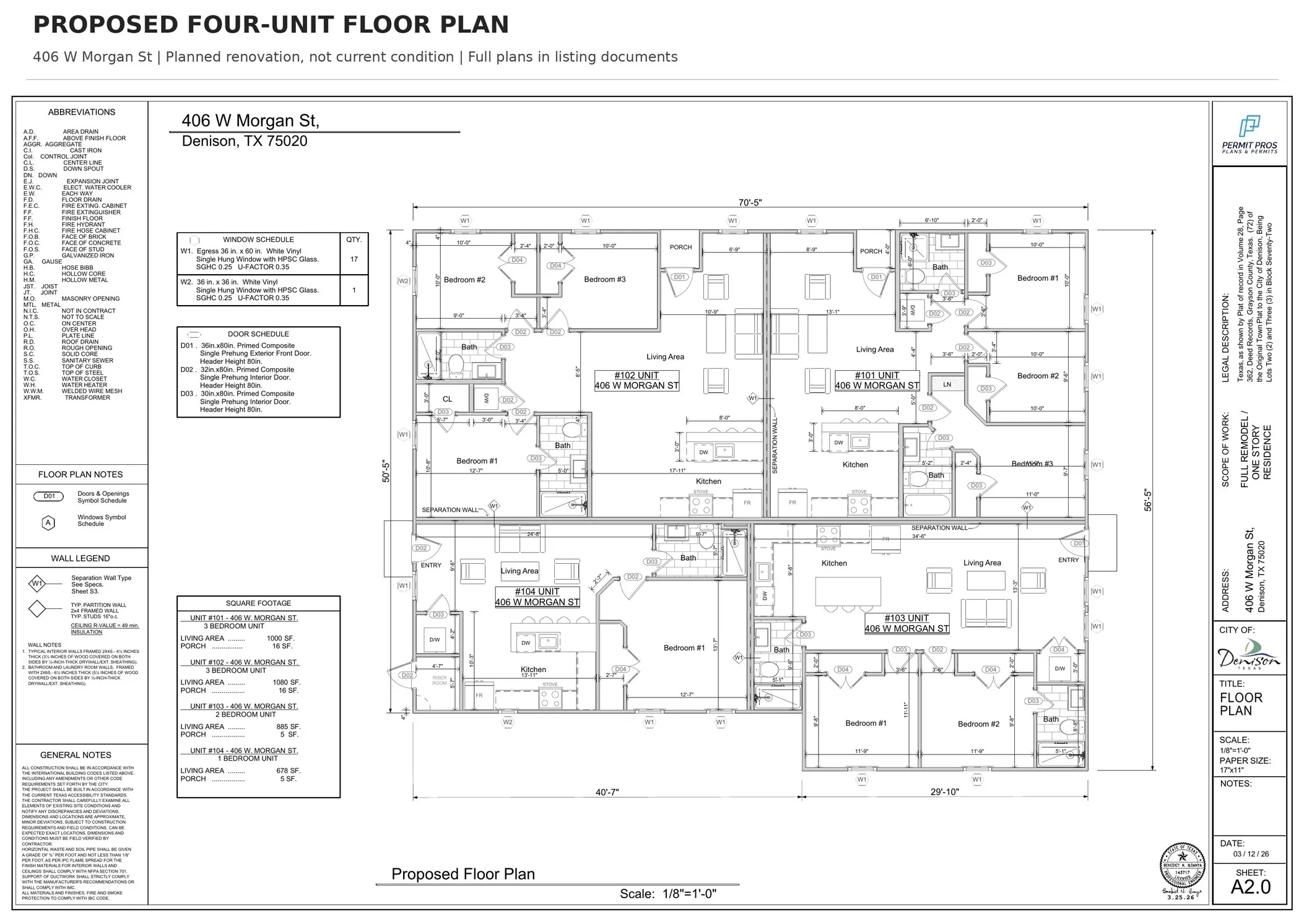 Proposed four-unit floor plan. Planned renovation, not current condition. See full plan set in listing documents.