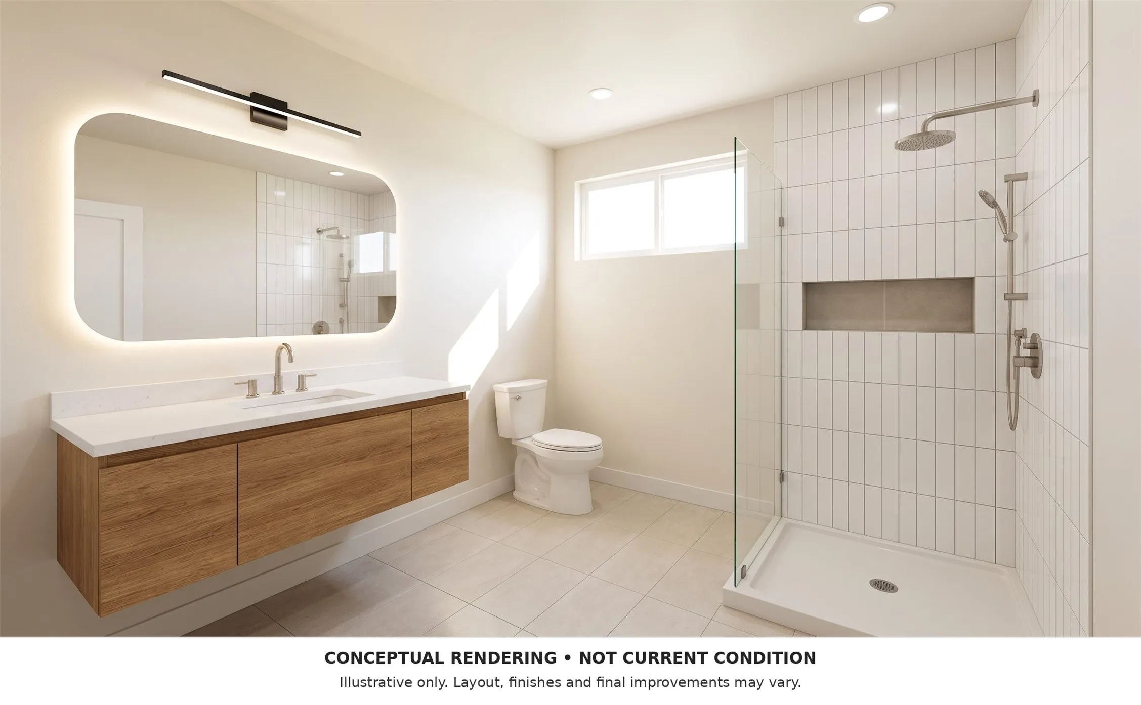 Conceptual bathroom rendering showing proposed finishes, not current condition. Final improvements may vary.