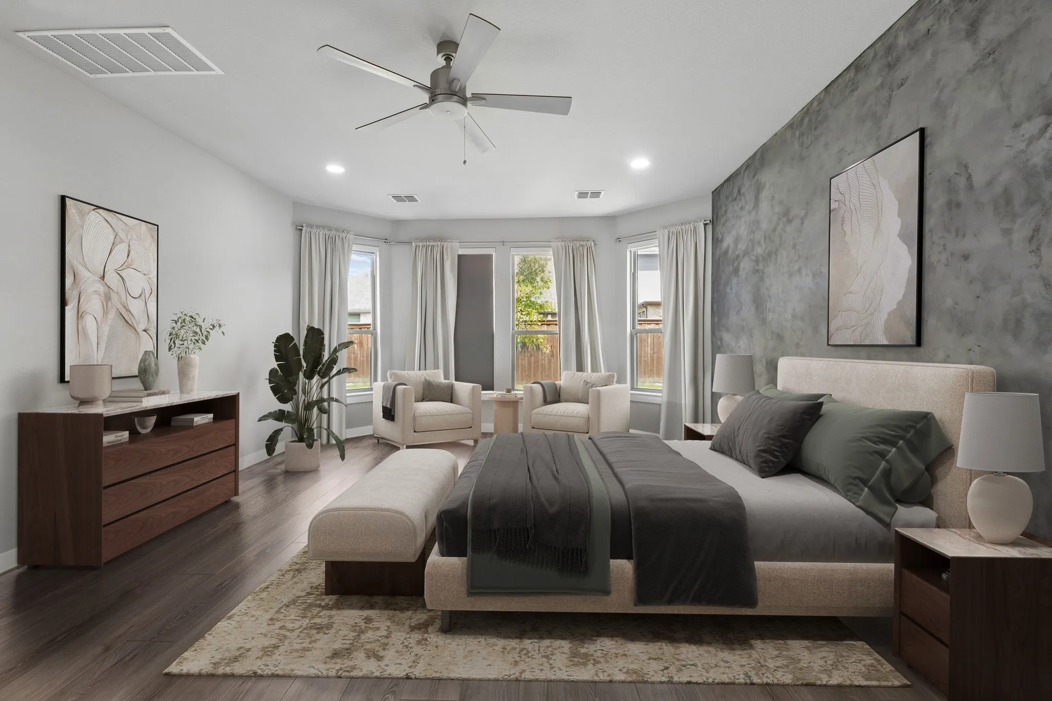 Wood-finish flooring, recessed lighting, ceiling fan, bay window with multiple panes, and a textured accent wall