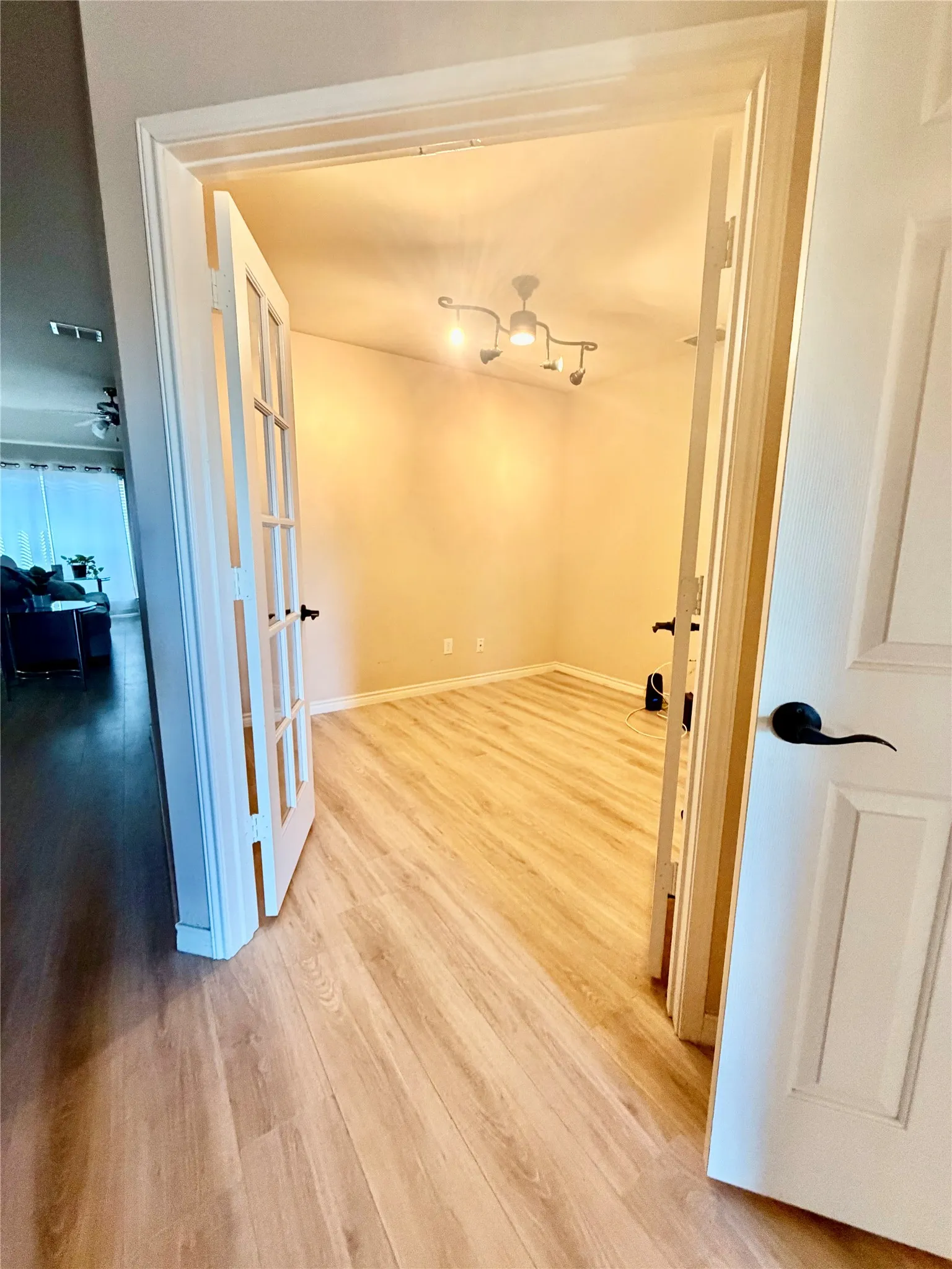 Wood-finish flooring throughout, French doors with full glass panels, track lighting fixture, and a panel door with matte black hardware, office