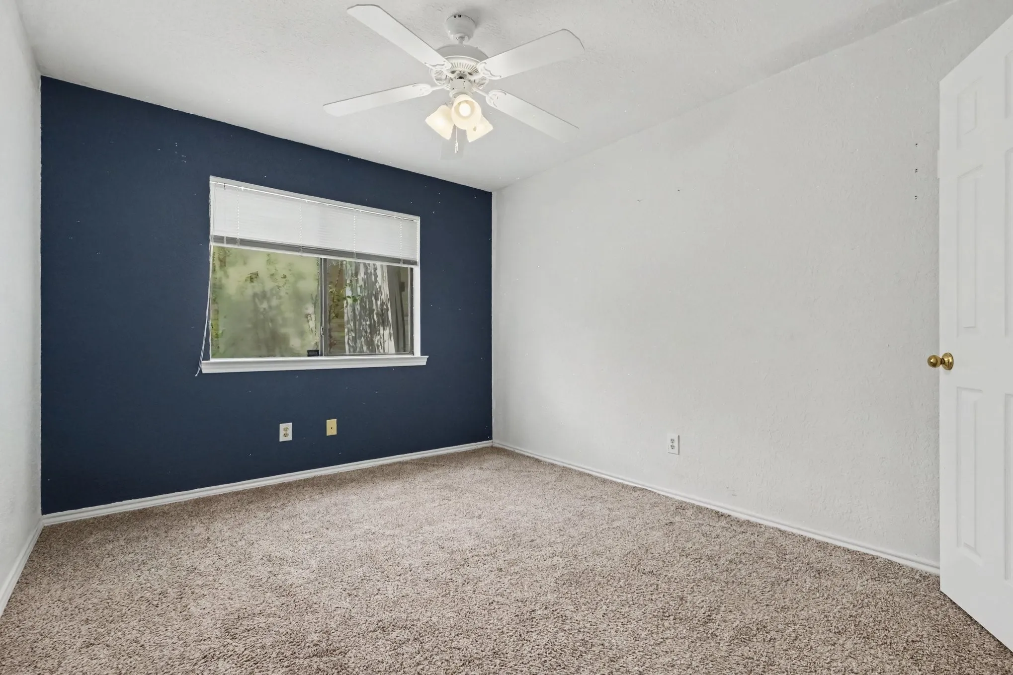 Wall-to-wall carpeting, window with blinds, ceiling fan with integrated lighting, and a paneled door with brass-finish hardware