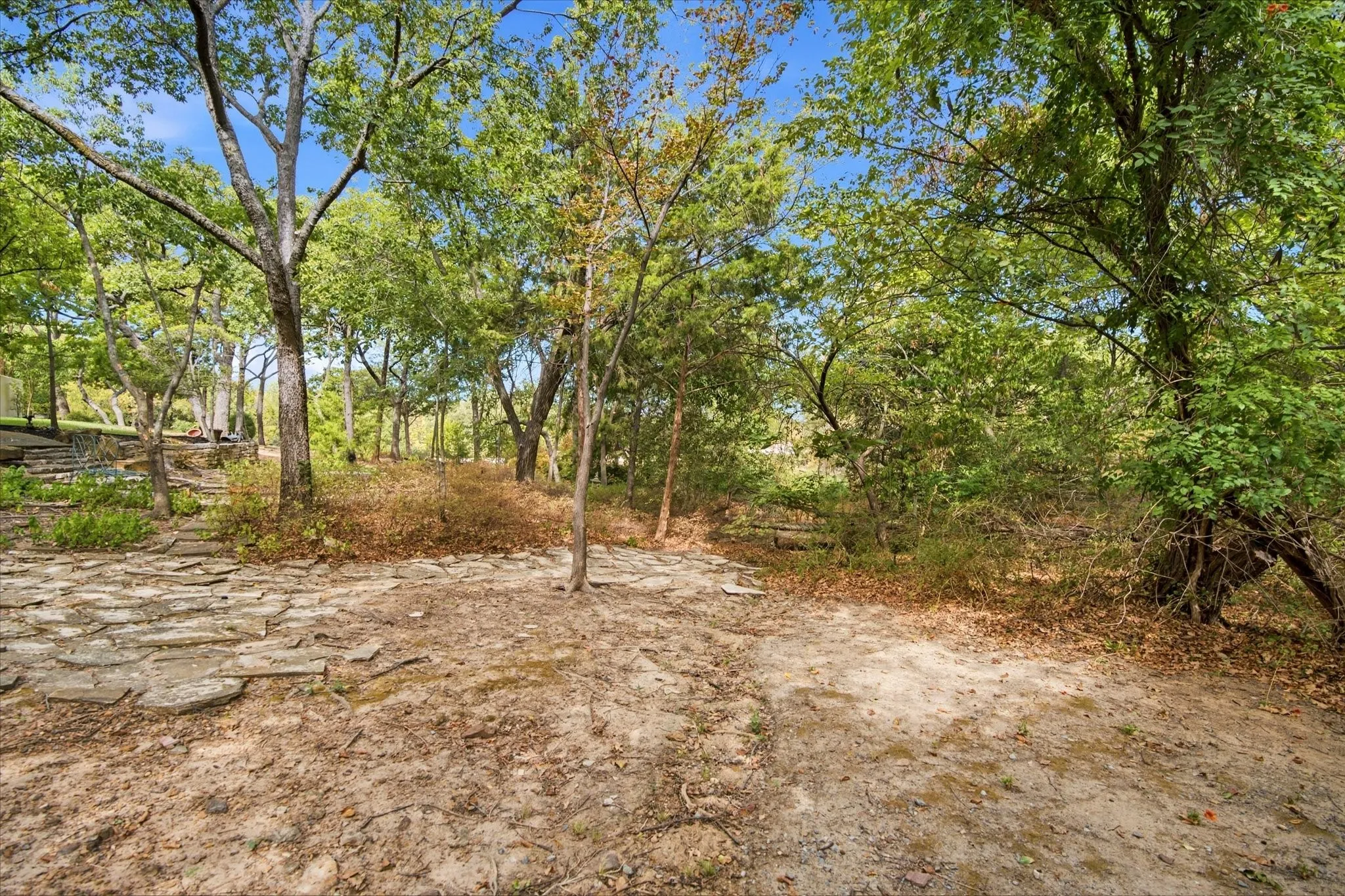 Expansive lot featuring mature trees, natural landscaping, and a stone-paved pathway