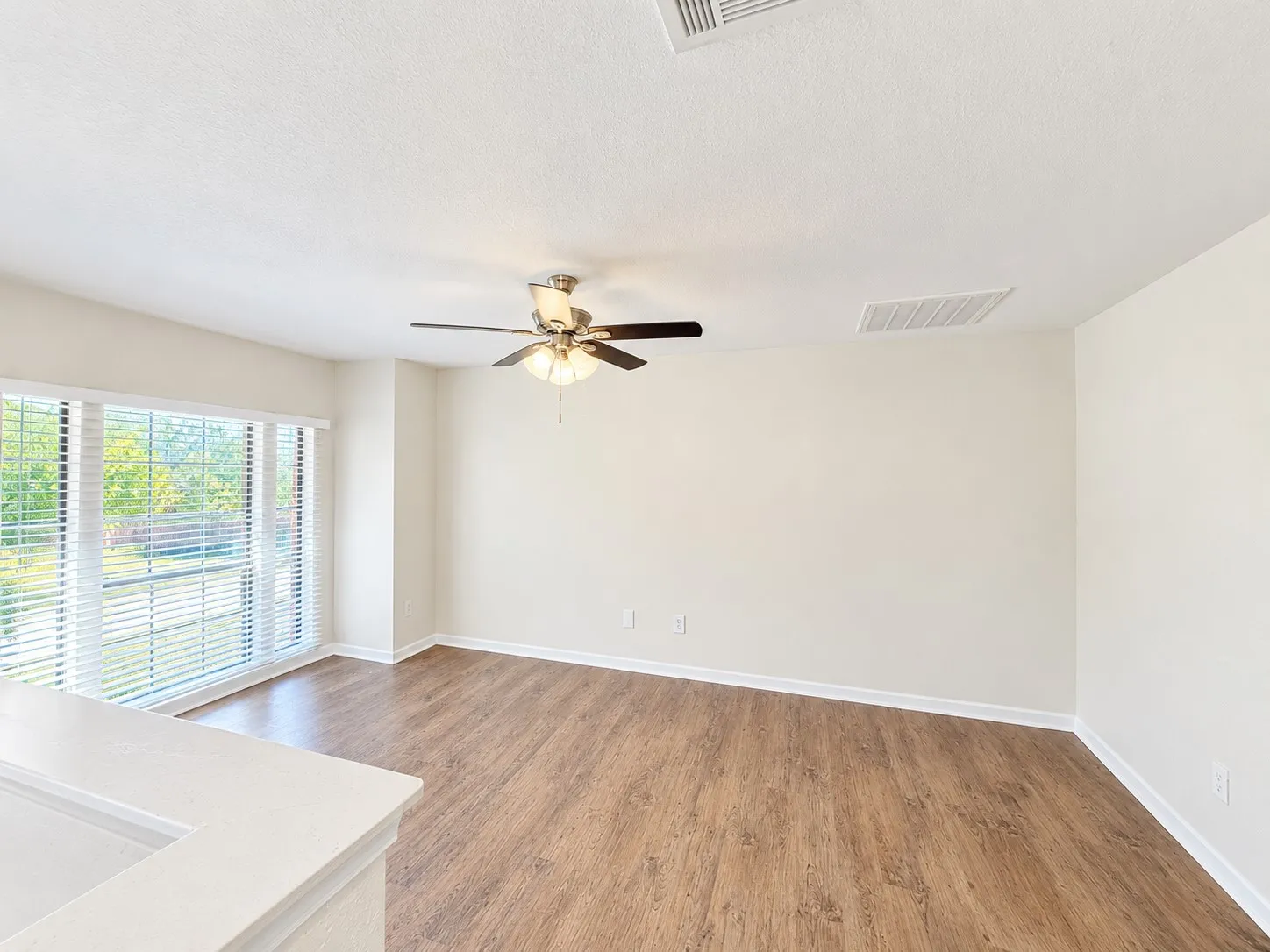 Wood-finish flooring, ceiling fan with integrated lighting, expansive window with horizontal blinds, and a white countertop surface