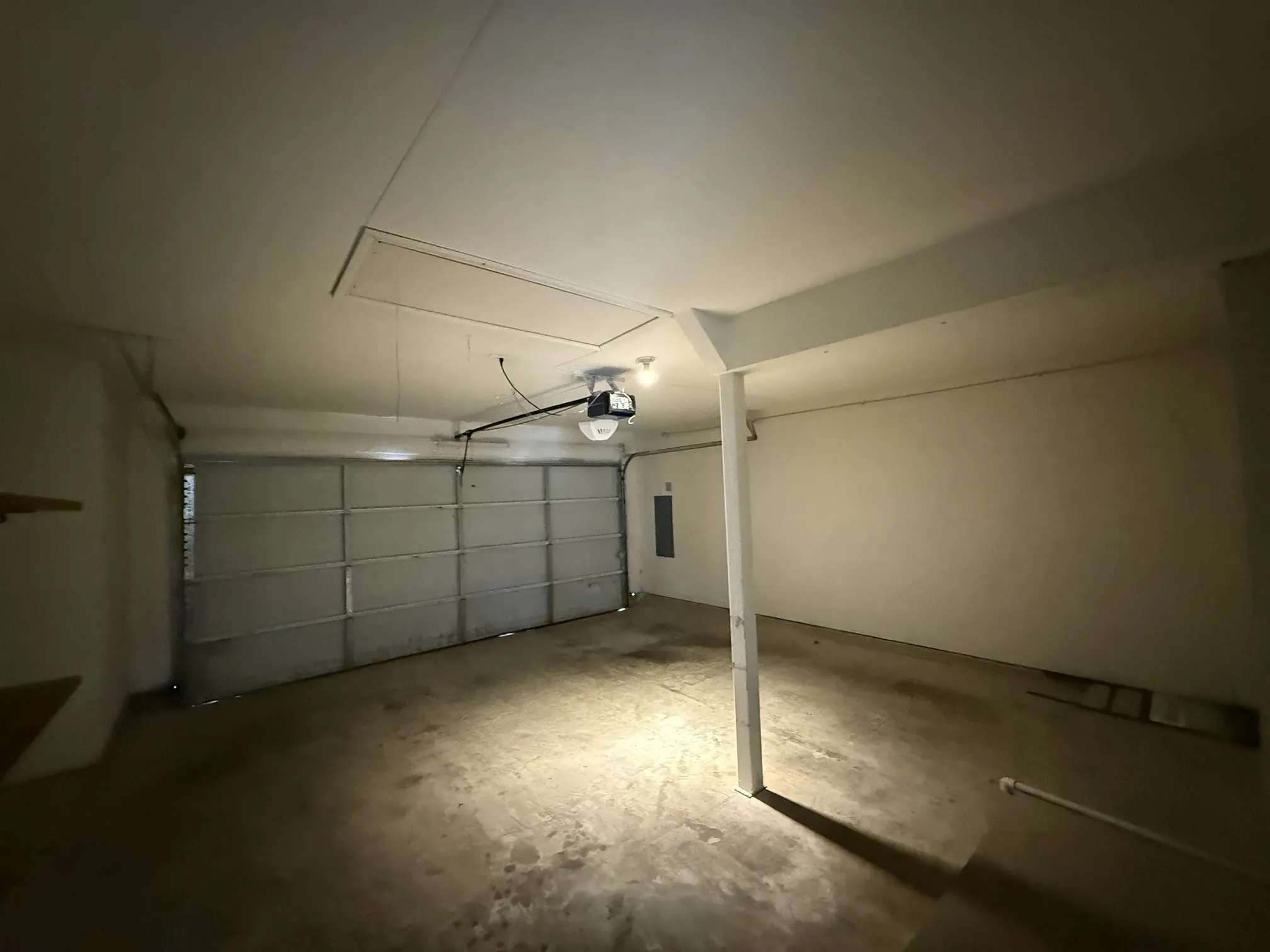 Attached garage featuring an automatic overhead door, concrete flooring, and built-in overhead lighting