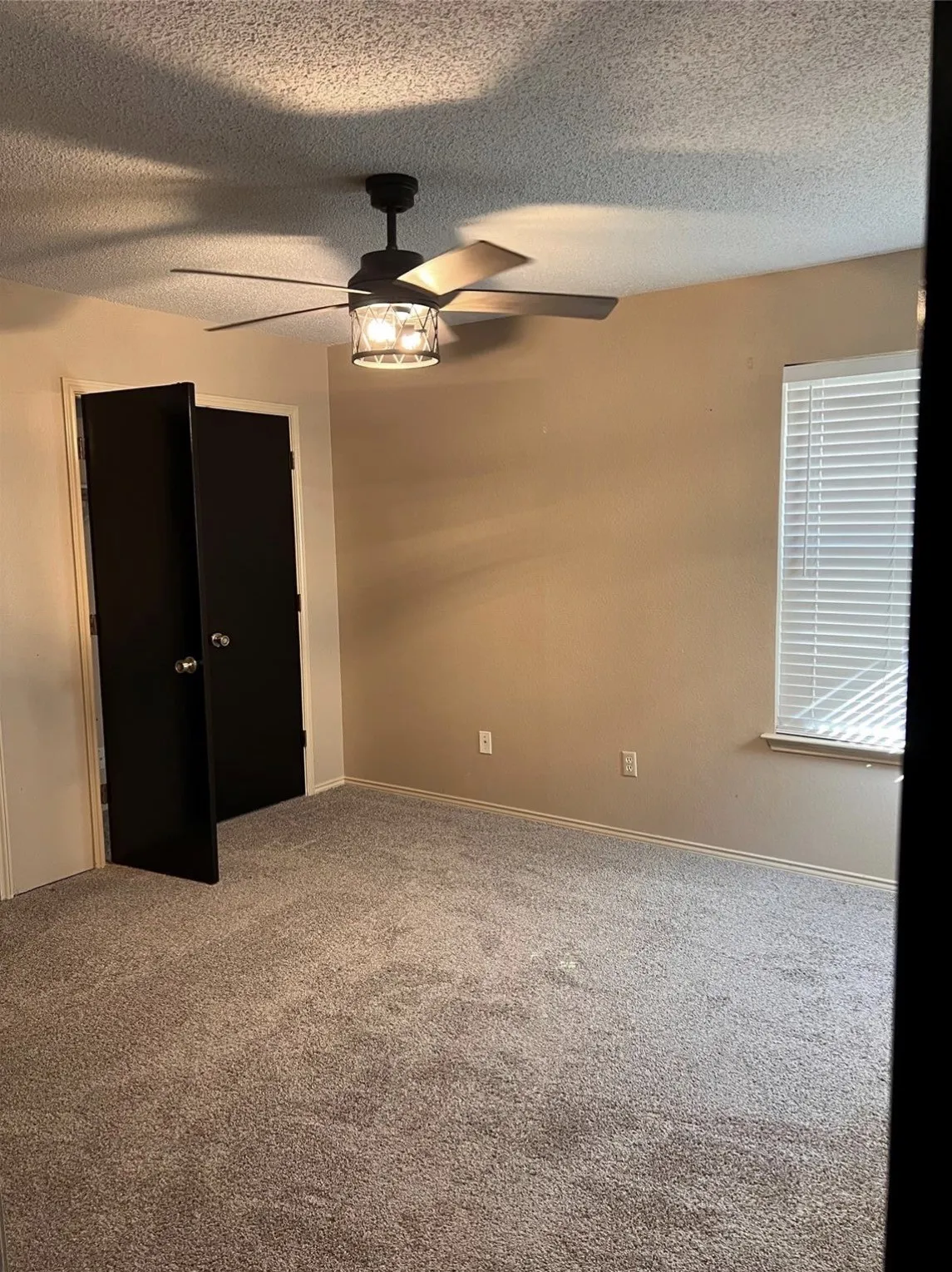 Neutral-toned walls complement the gray carpeting