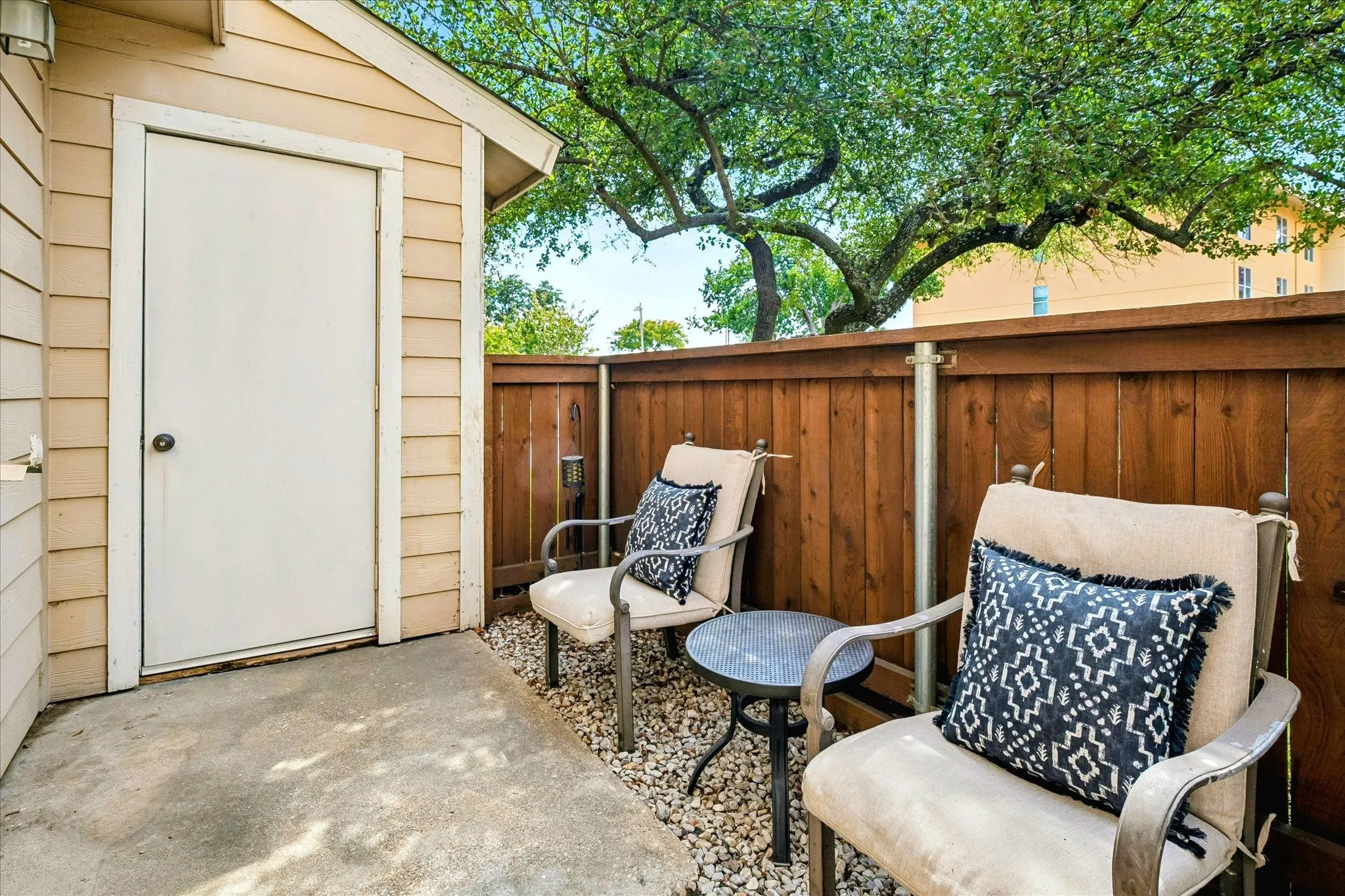 Outdoor storage closet with lock.