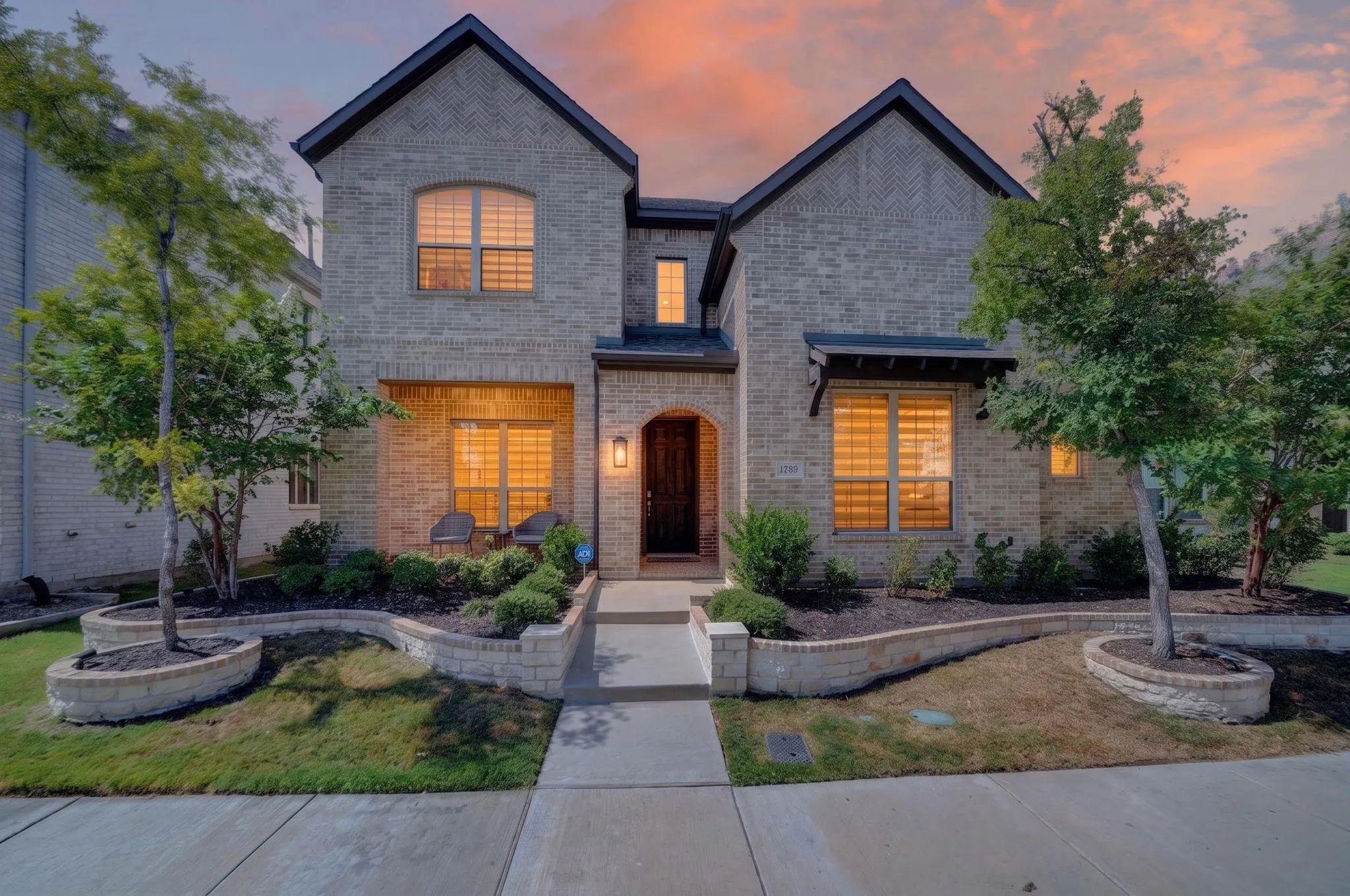 Brick facade with dark trim accents