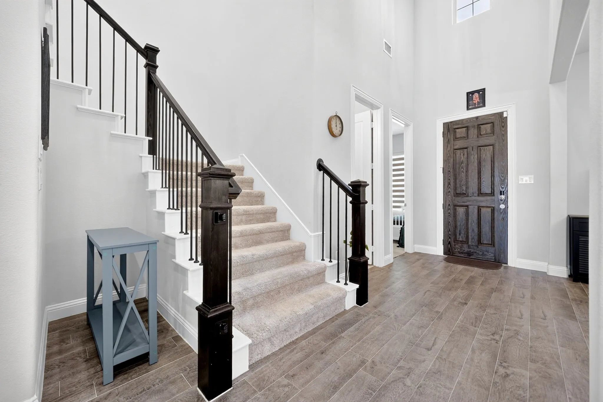 Two-story foyer with wood-look tile flooring, a carpeted staircase with wrought iron balusters, and an elevated ceiling