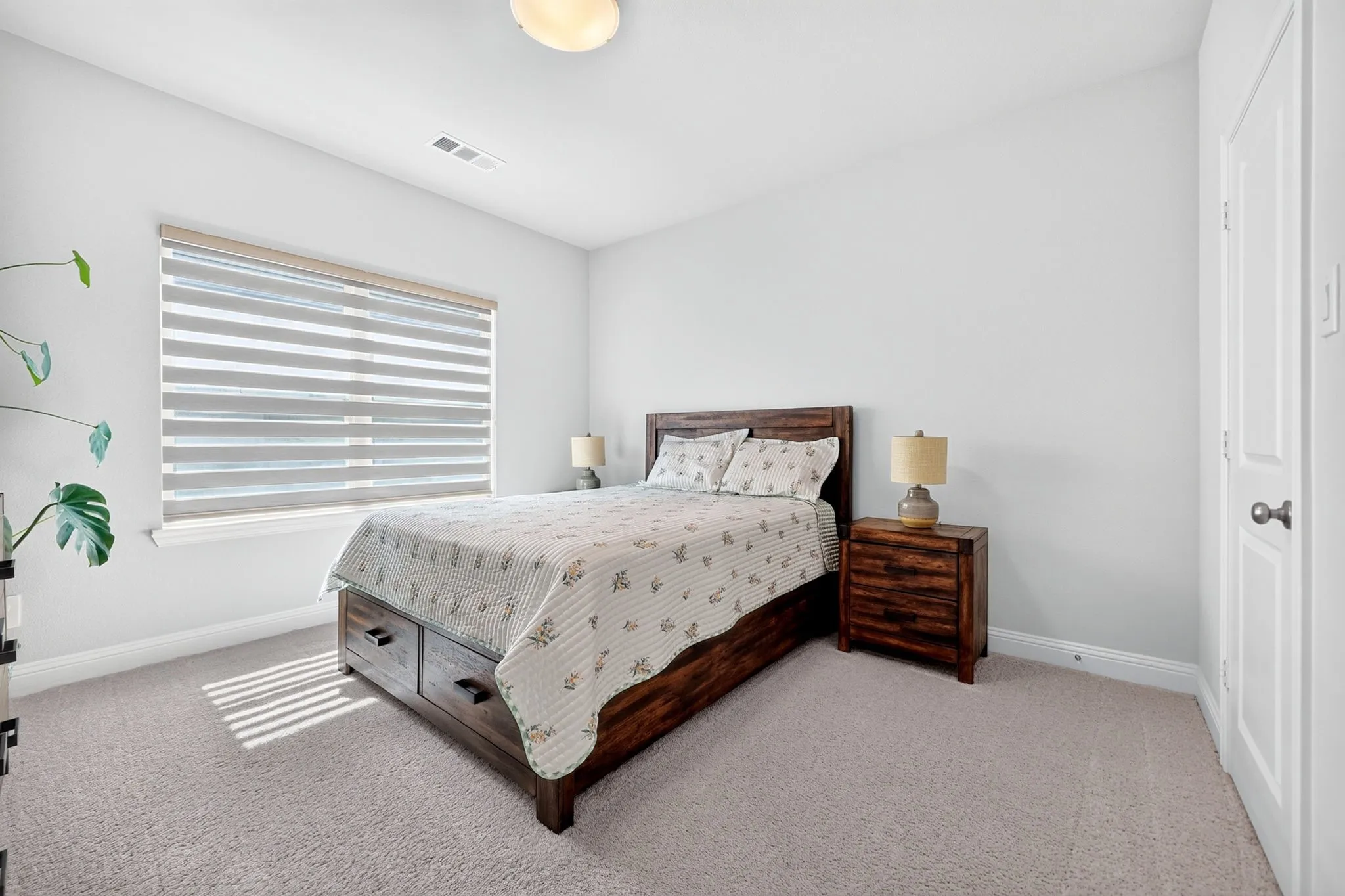 Recessed window with horizontal blinds, light-colored wall paint, carpet flooring, ceiling-mounted light fixture, and a paneled door with a dark knob