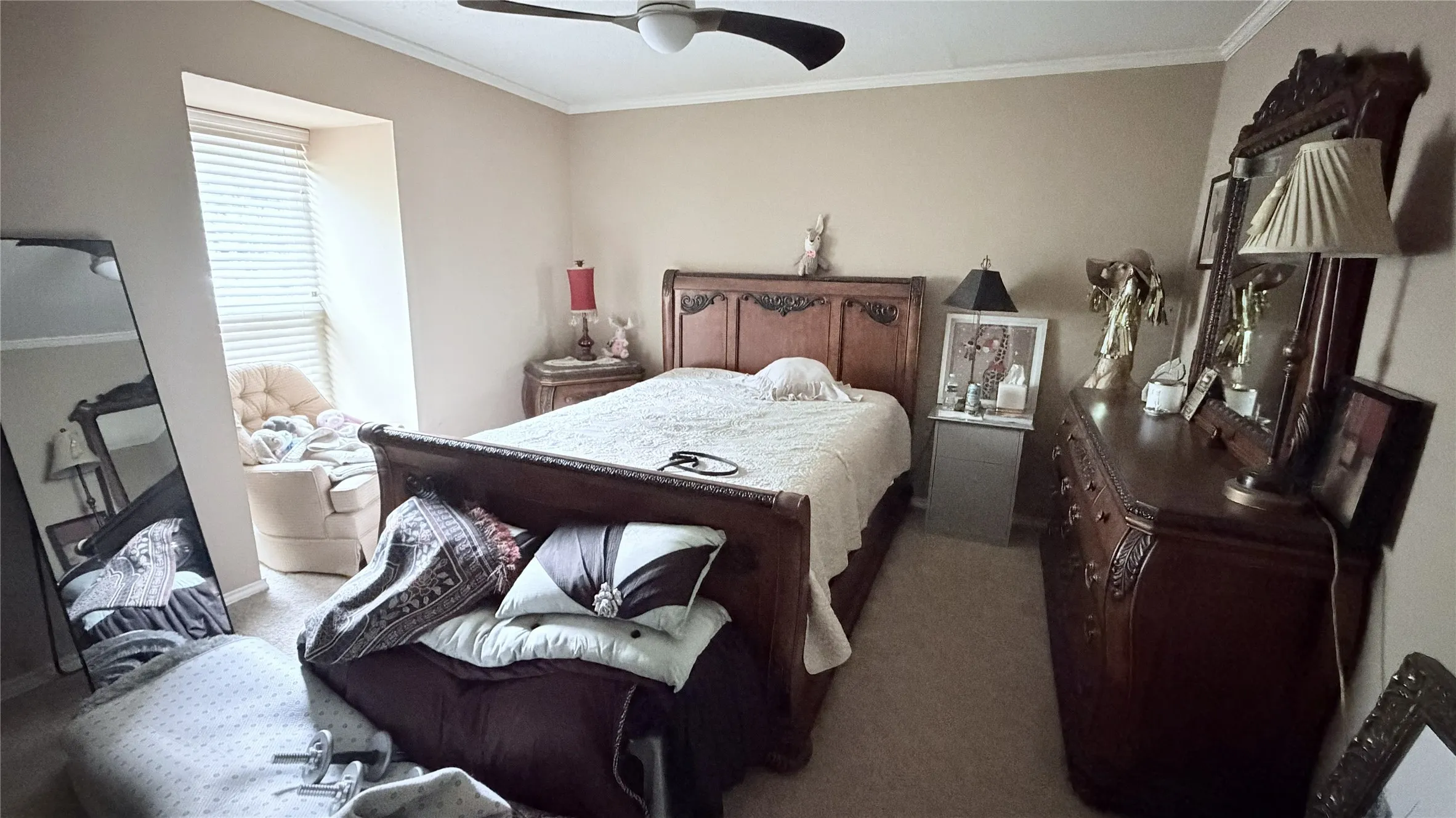 Ceiling fan with light kit, carpeted flooring, window with blinds