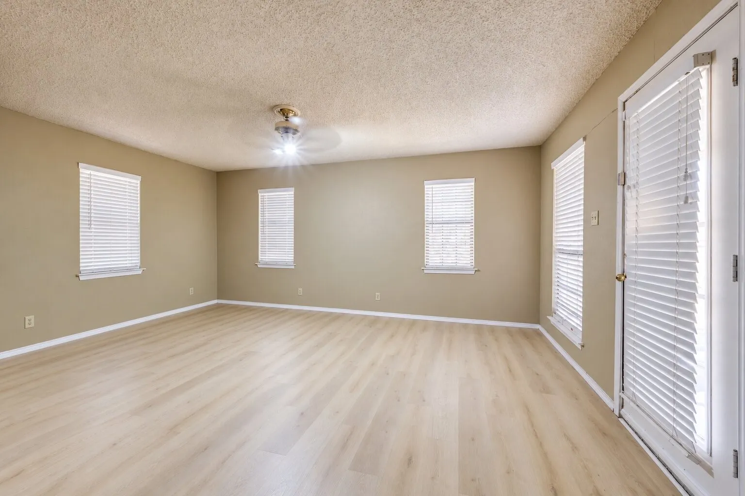 Spacious room featuring light wood-finish flooring, multiple windows with blinds, a ceiling-mounted light fixture, and a glass-paneled door