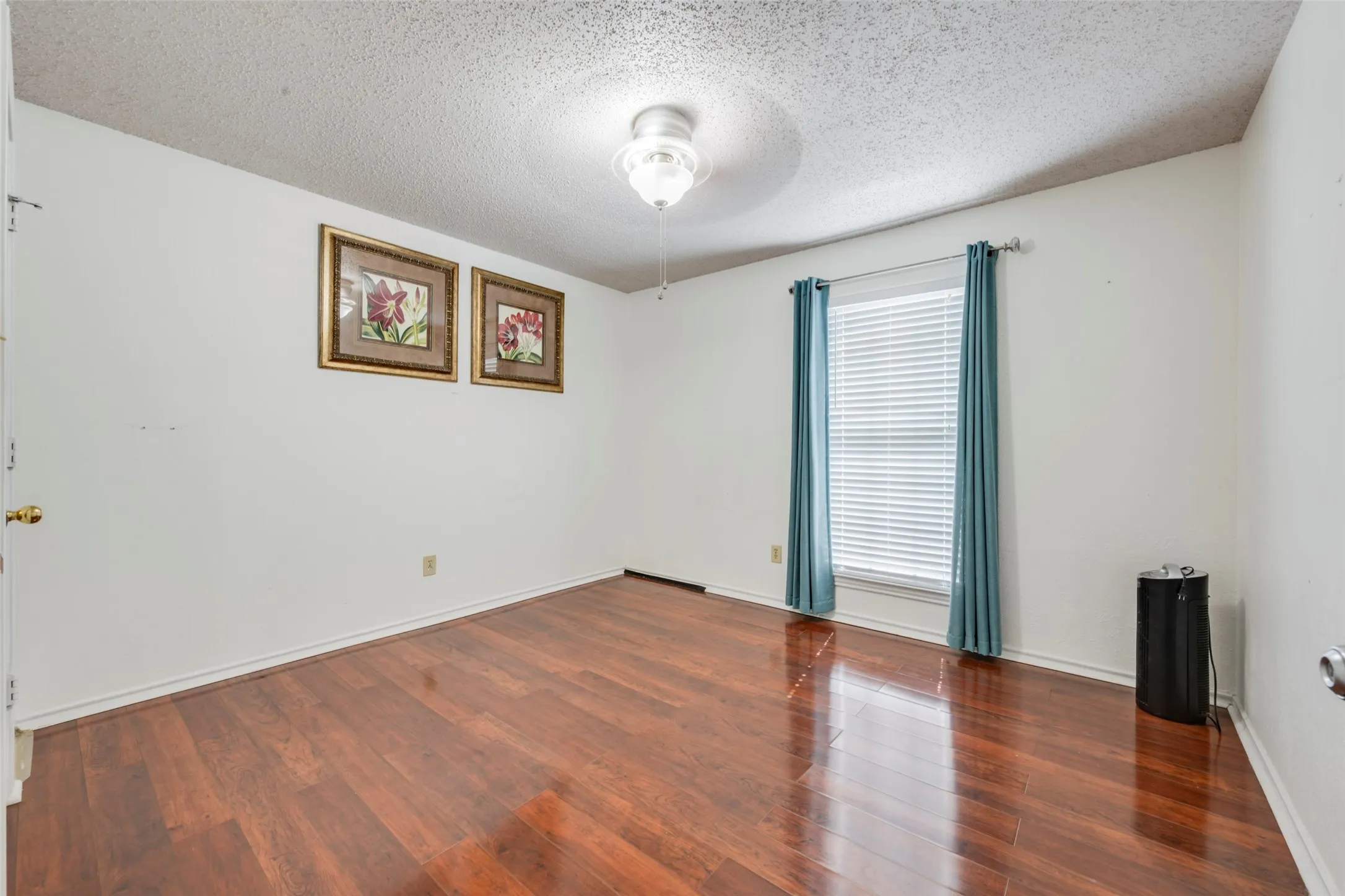 Wood-finish flooring throughout, with a ceiling-mounted light fixture and window featuring blinds