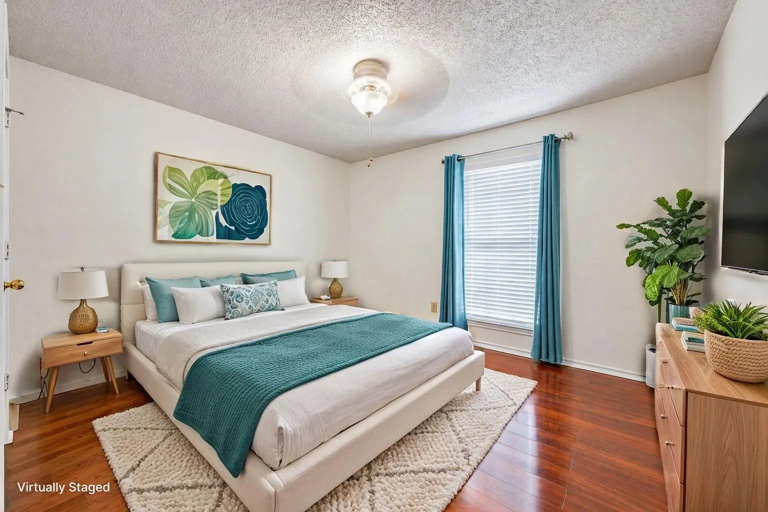 Hardwood-finish flooring, recessed lighting, and a single window with blinds and curtain rod