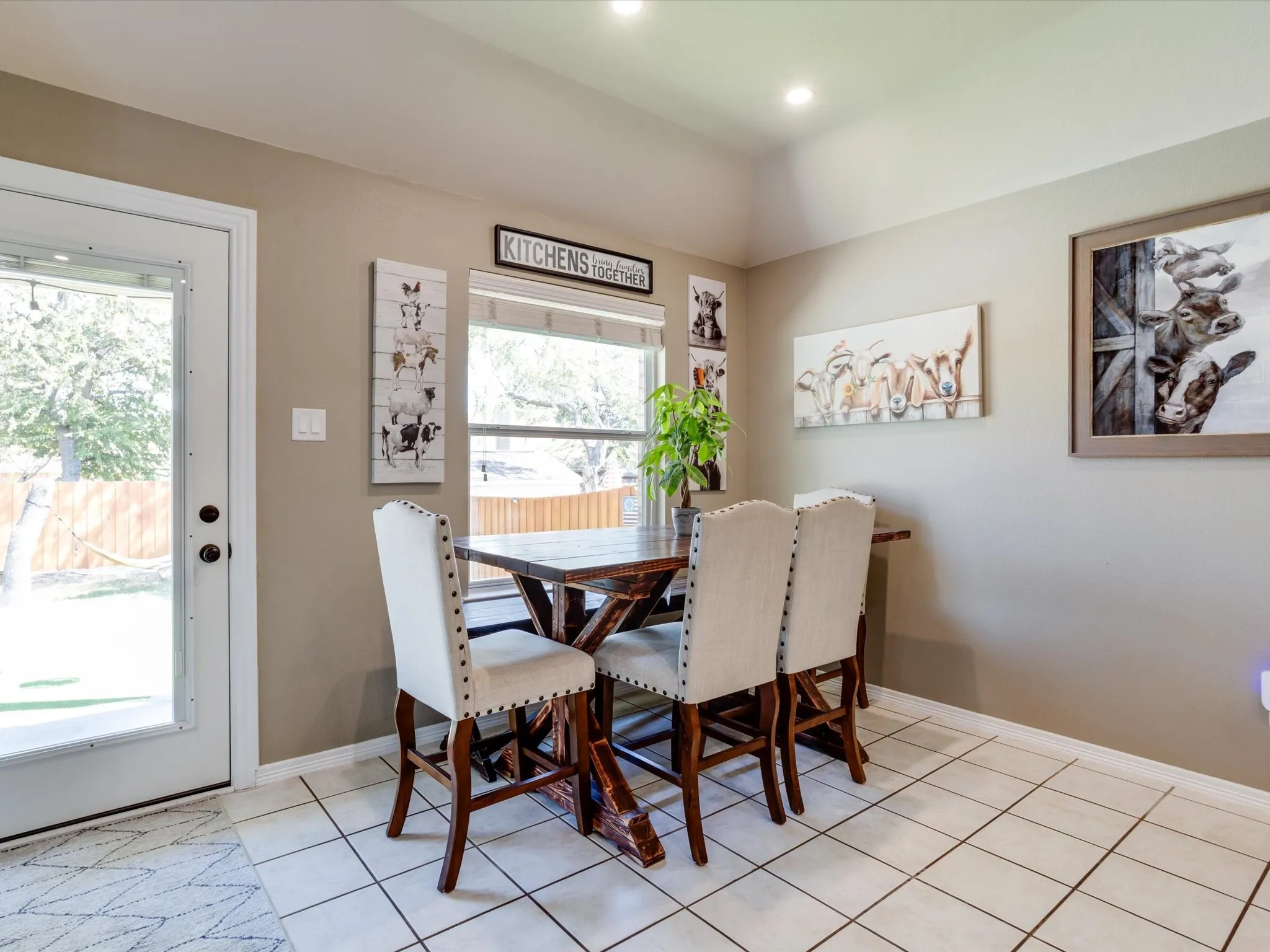 White tile flooring with dark grout