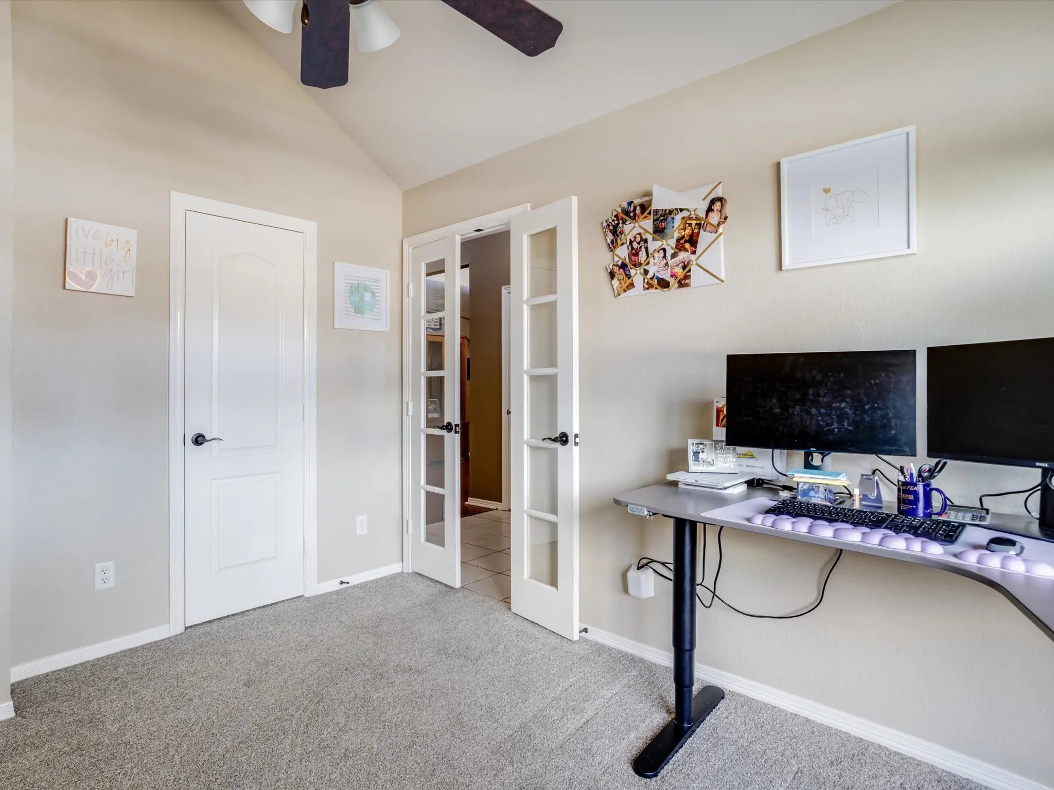 Vaulted ceiling with a ceiling fan, light-colored wall paint, white interior doors, and gray carpeting