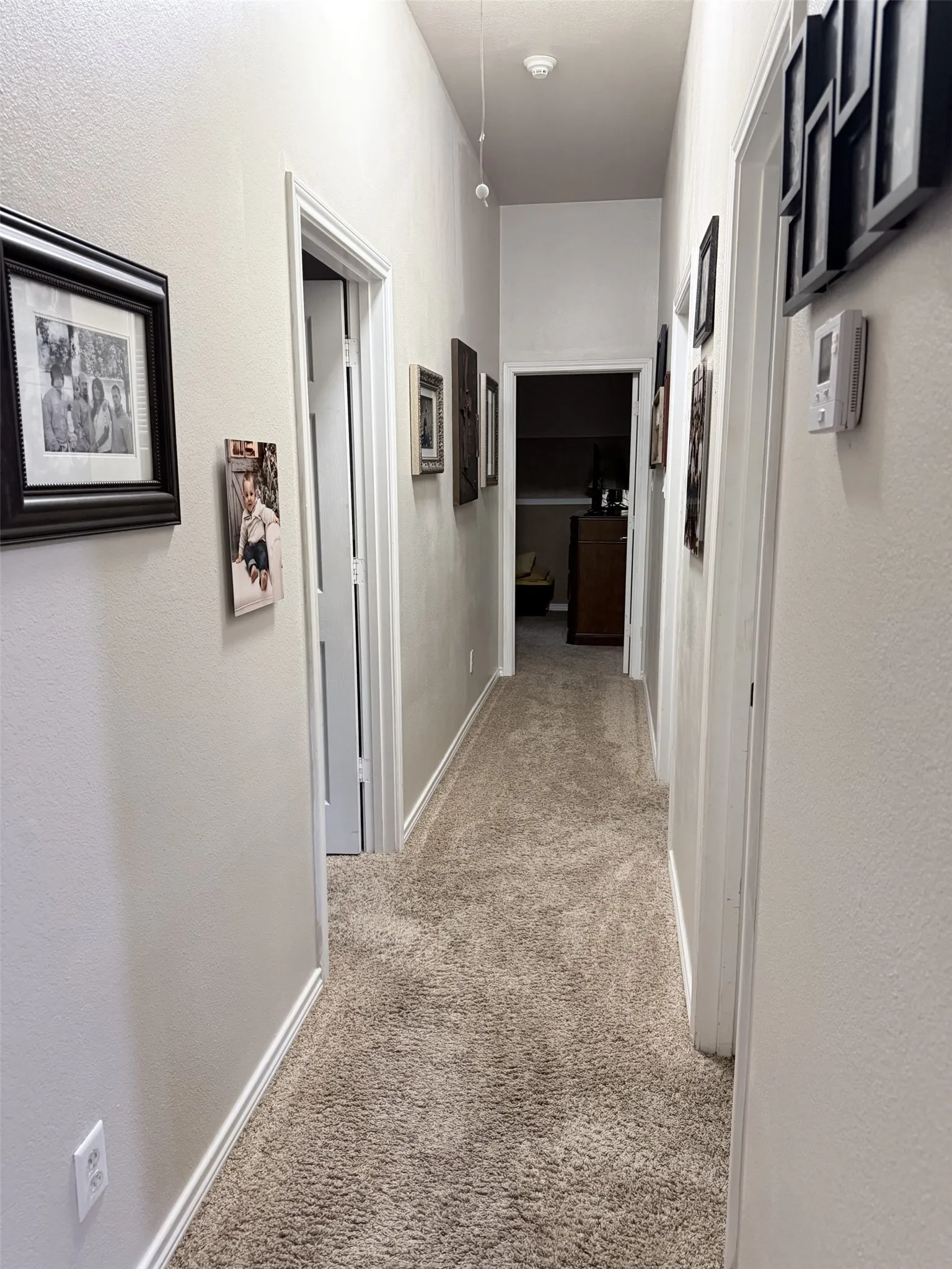 Carpeted hallway with light-toned walls and white trim