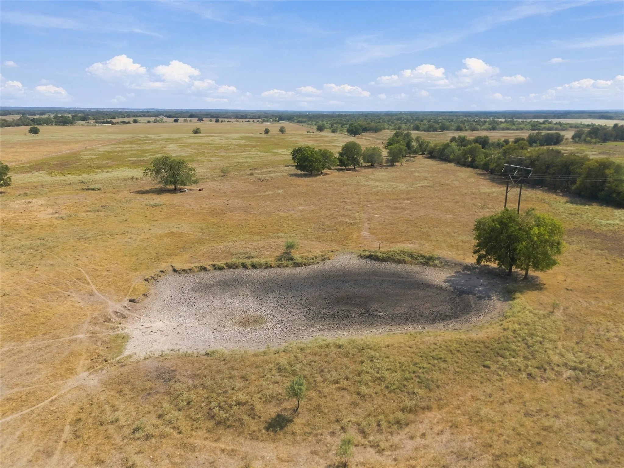 Expansive acreage with a natural water basin, scattered mature trees, and a distant tree line