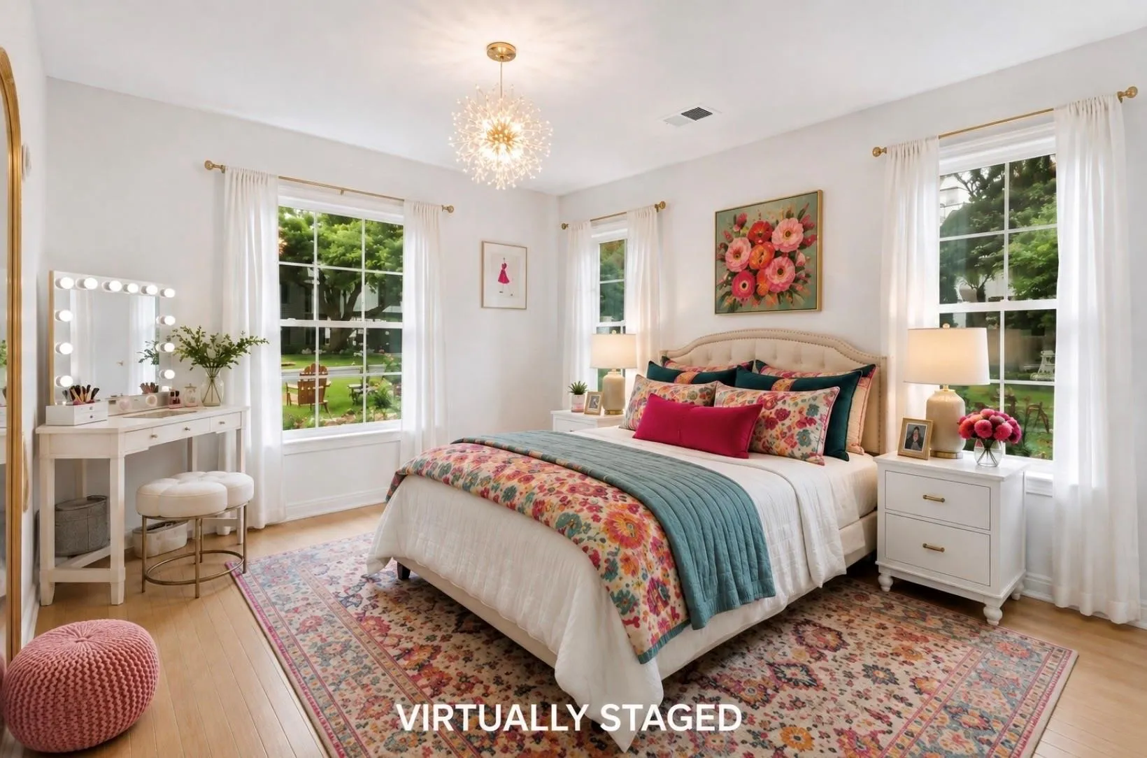 Bright interior with light wood-finish flooring, multiple windows, and a chandelier lighting fixture