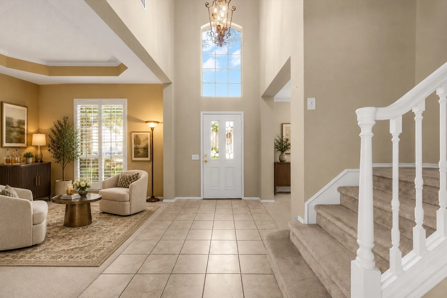 Two-story entryway with a vaulted ceiling, prominent arched window, tiled flooring, and a carpeted staircase with a white banister AI staged