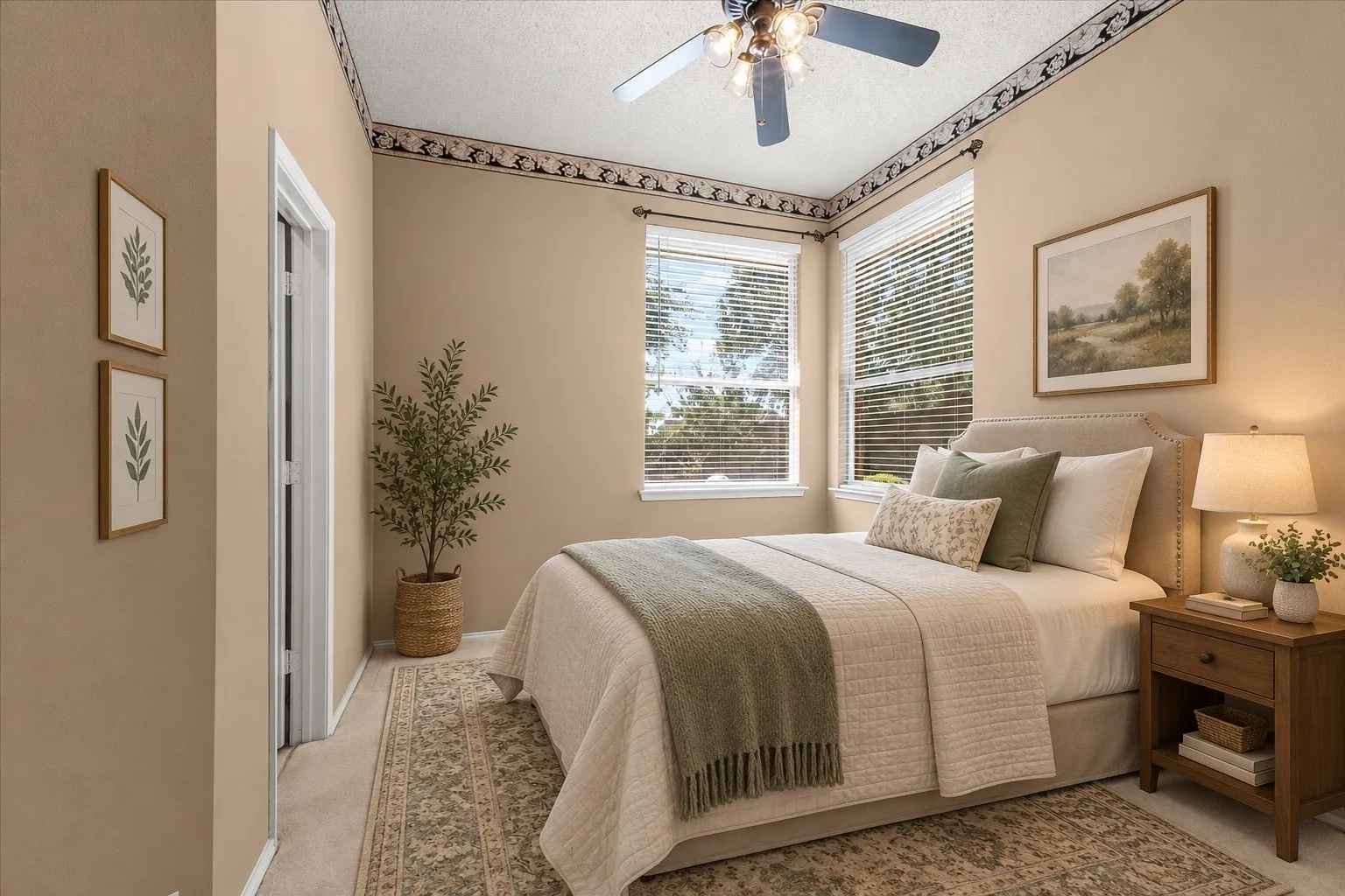 Arched window with plantation shutters, ceiling fan, textured walls, and tile flooring AI staged