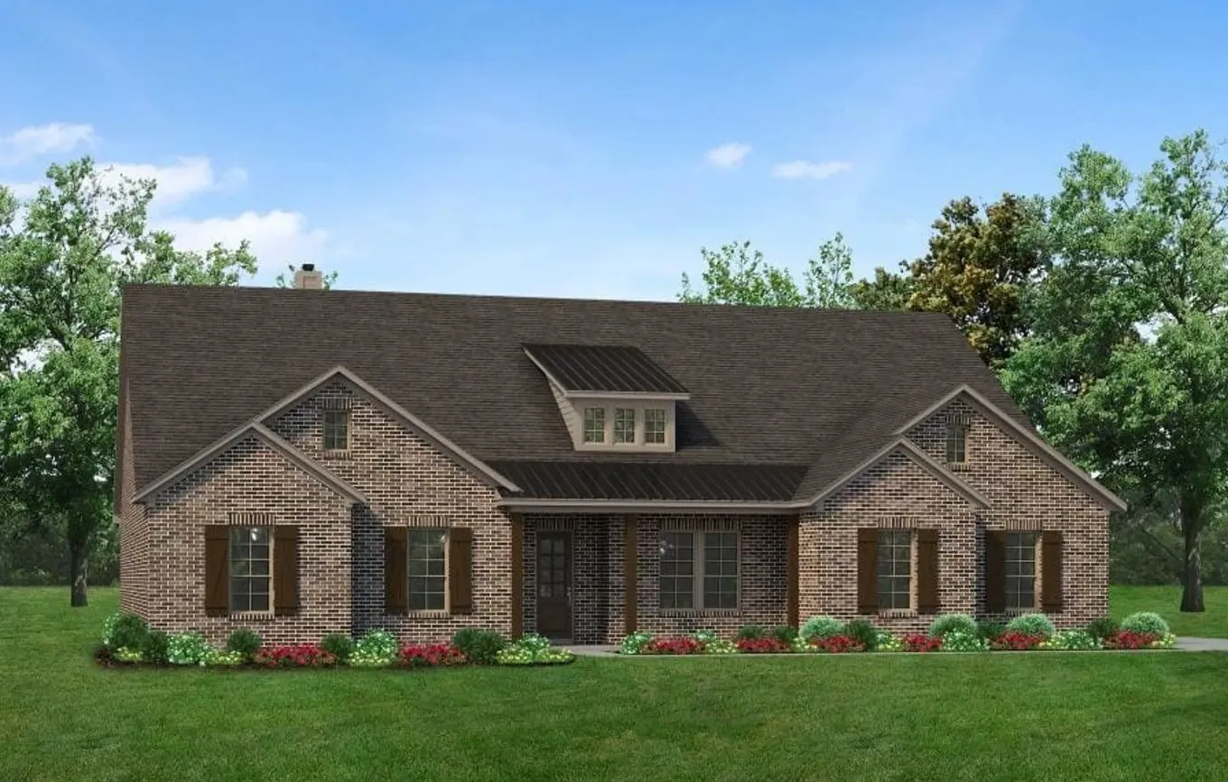 Brick exterior with dark shingle roof, covered front entry, and multiple gables