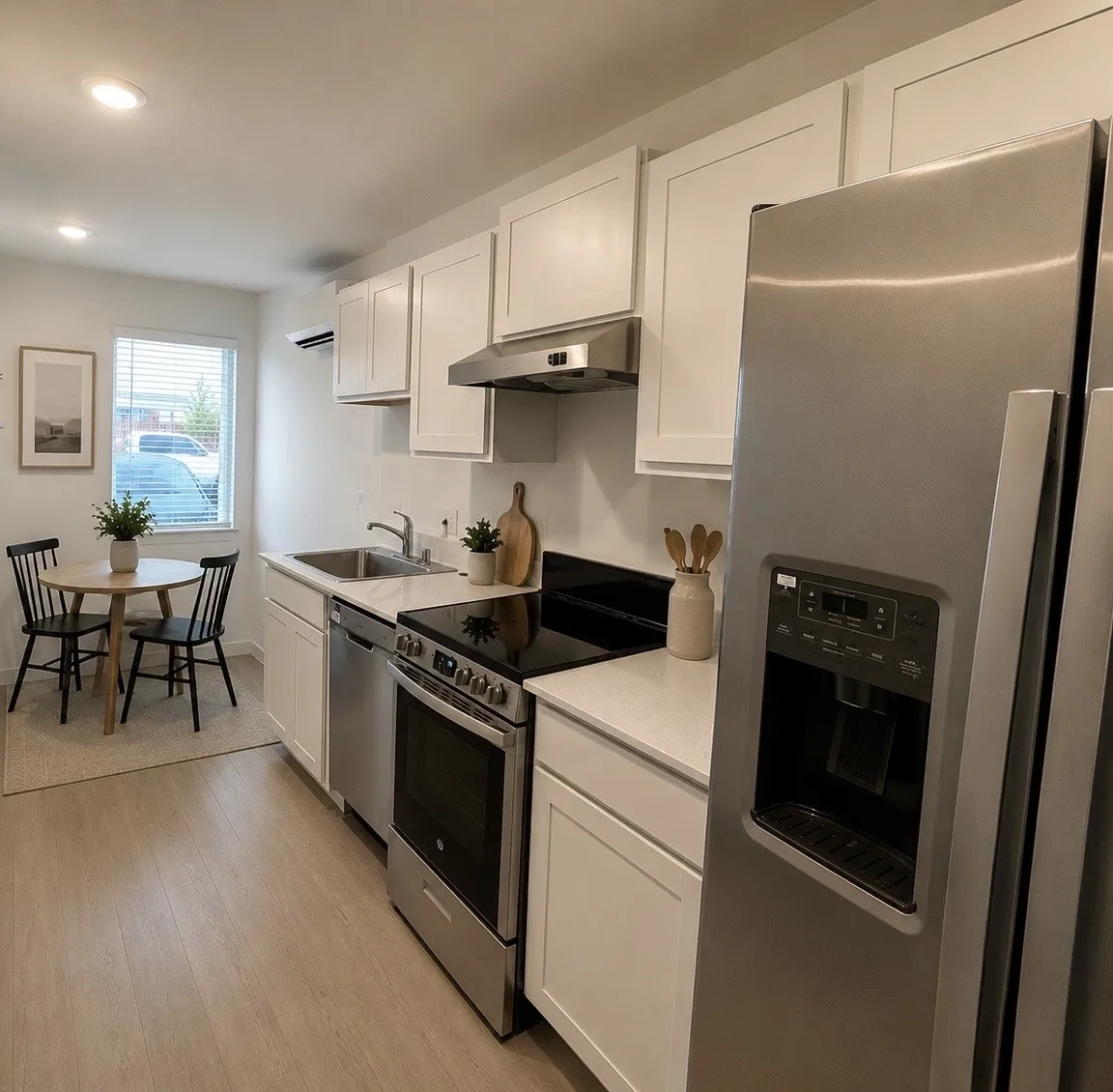 Contemporary kitchen featuring white cabinetry and light countertops
