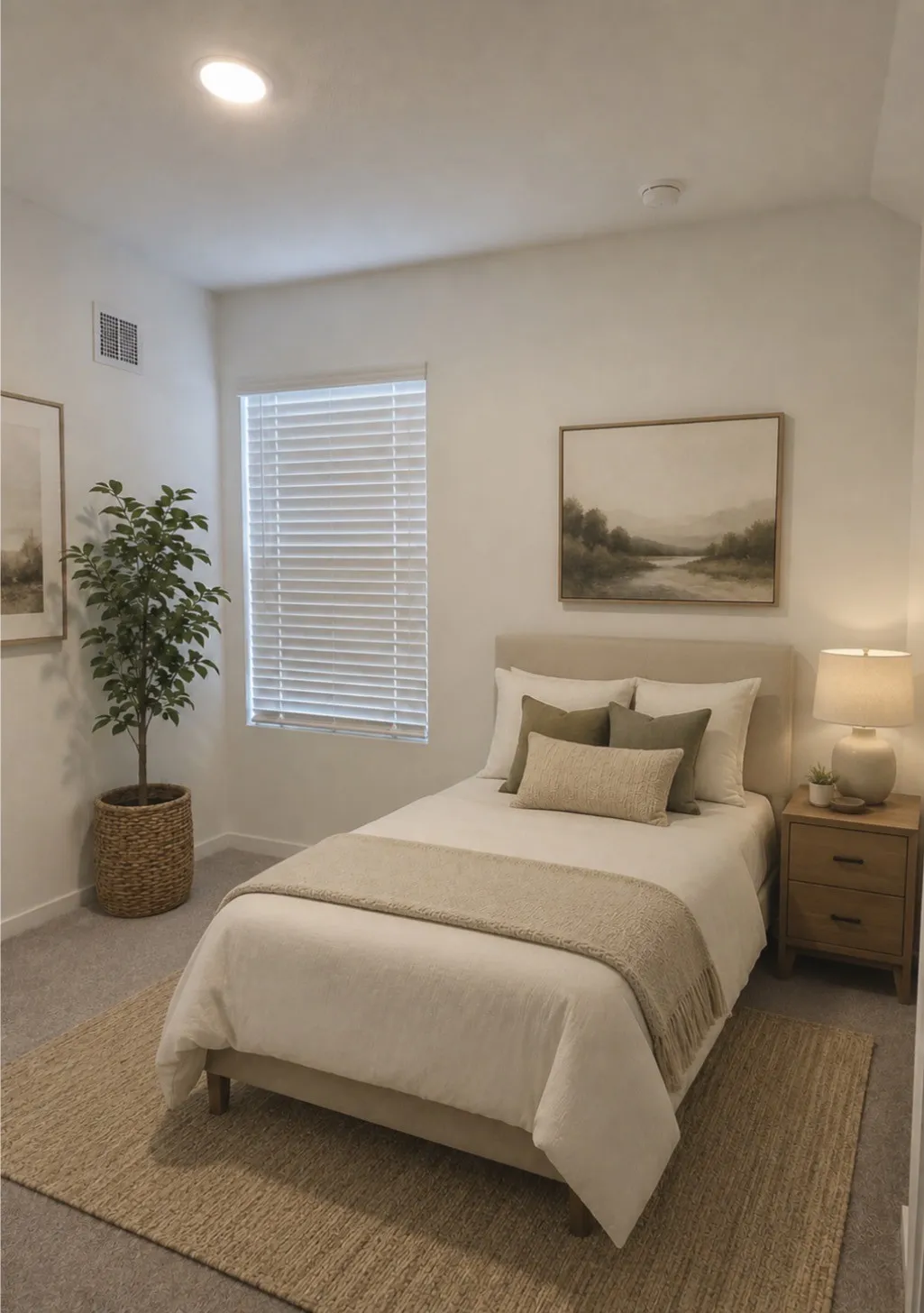 Down stairs Carpeted room featuring a window with blinds, recessed lighting, and a neutral color palette
