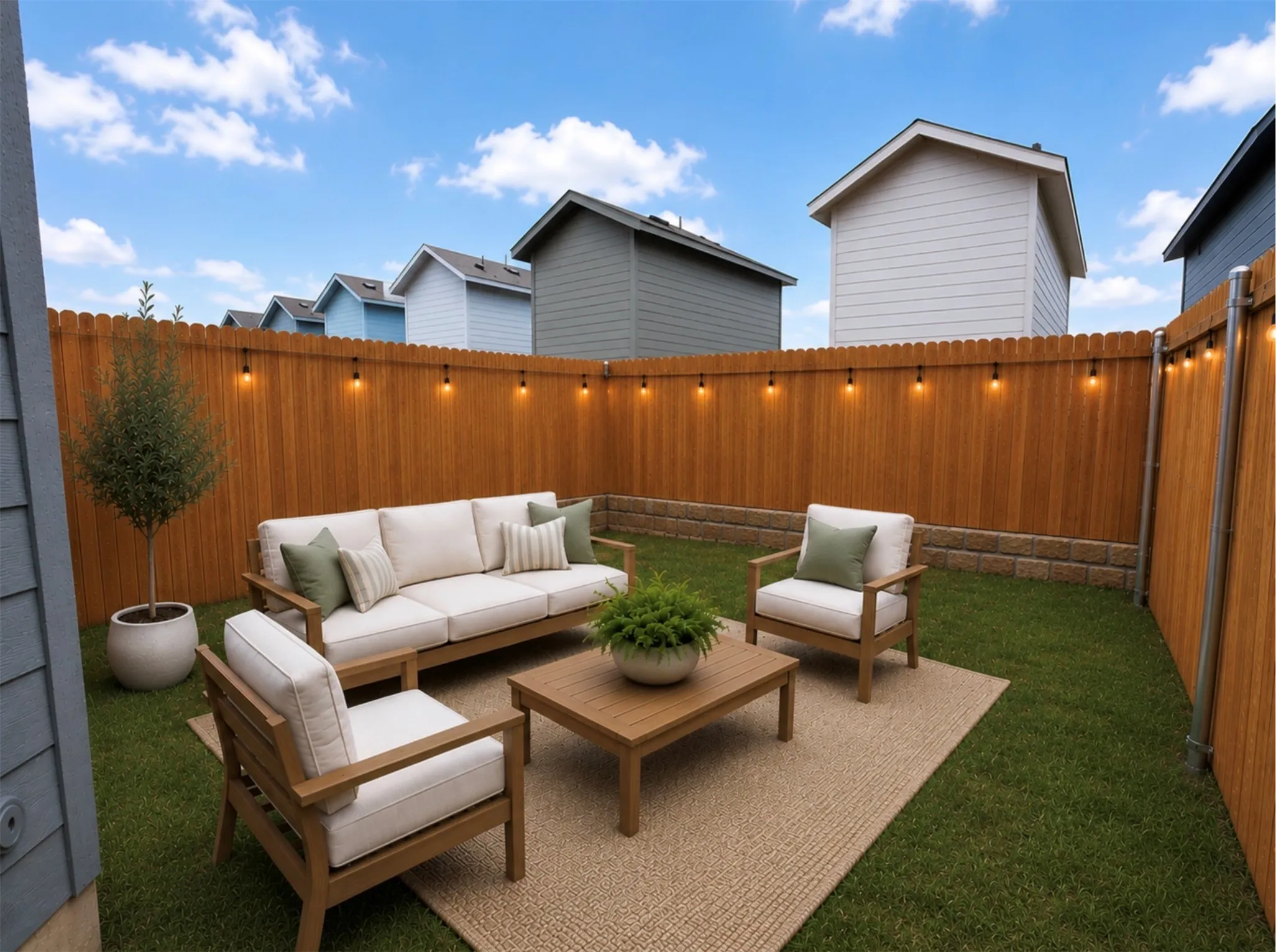Private backyard featuring a well-maintained lawn and a tall wood fence