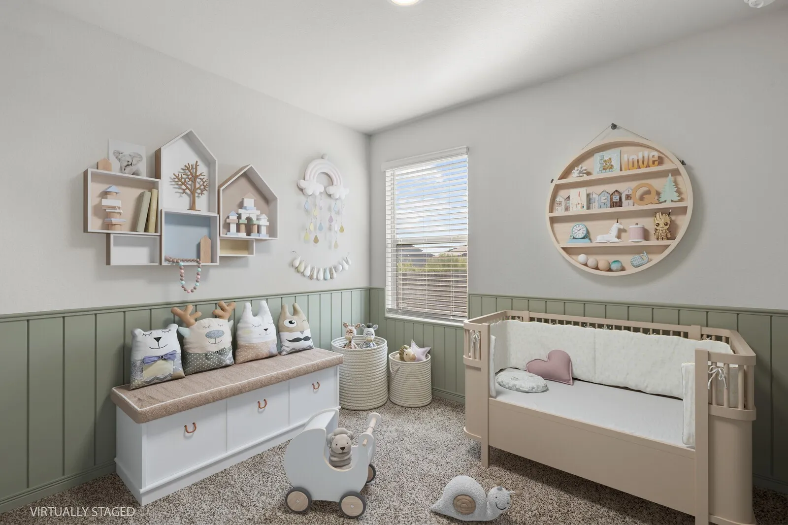 Wall paneling with a natural finish, window with horizontal blinds, built-in wall shelving, and textured carpeting (virtually staged room 3)