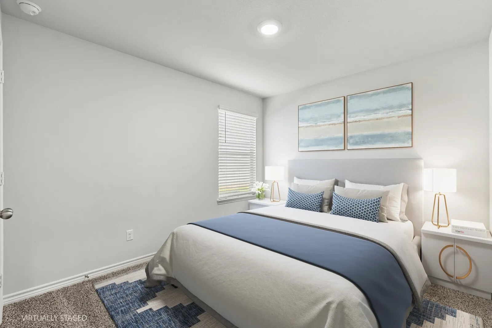 Recessed lighting, window with blinds, and carpeting (virtually staged room 2)