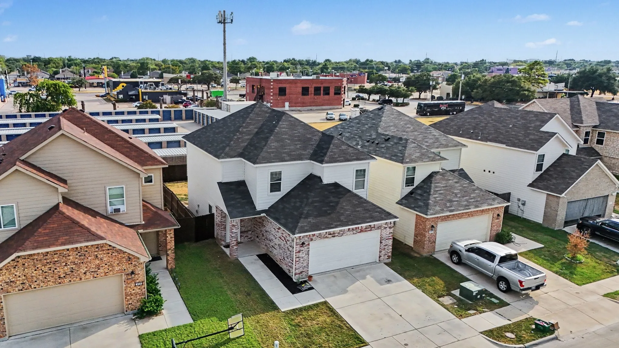An aerial view places the home within the surrounding neighborhood.