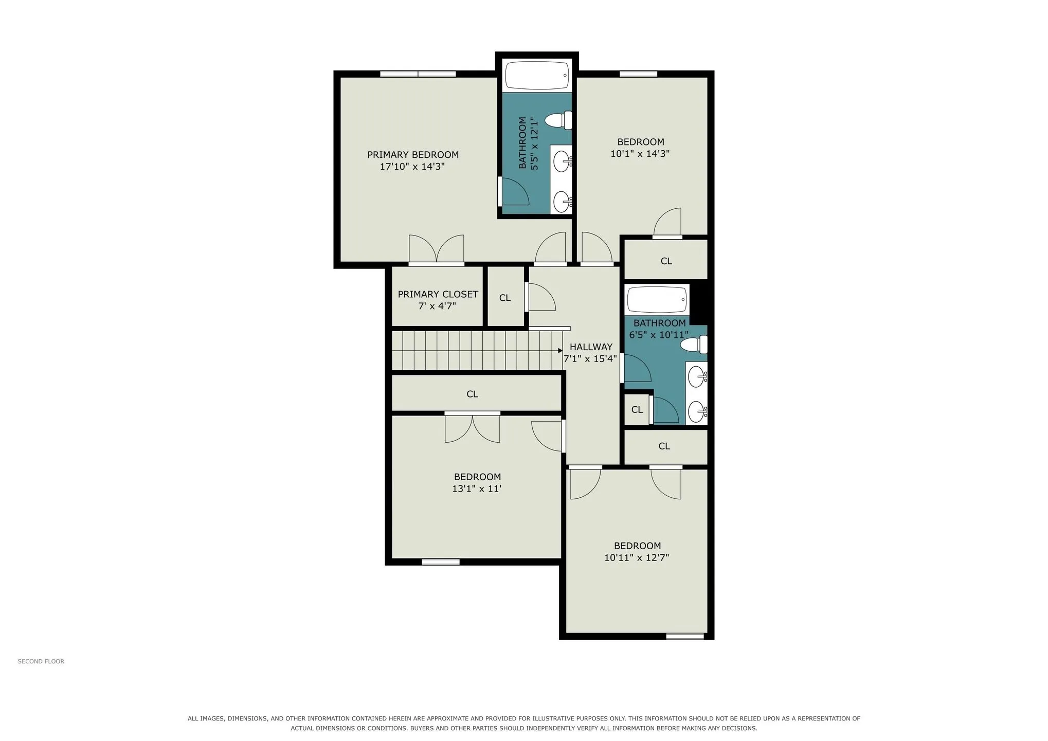 Upper-level floor plan showing the bedroom and bathroom layout. Layout and dimensions are approximate.