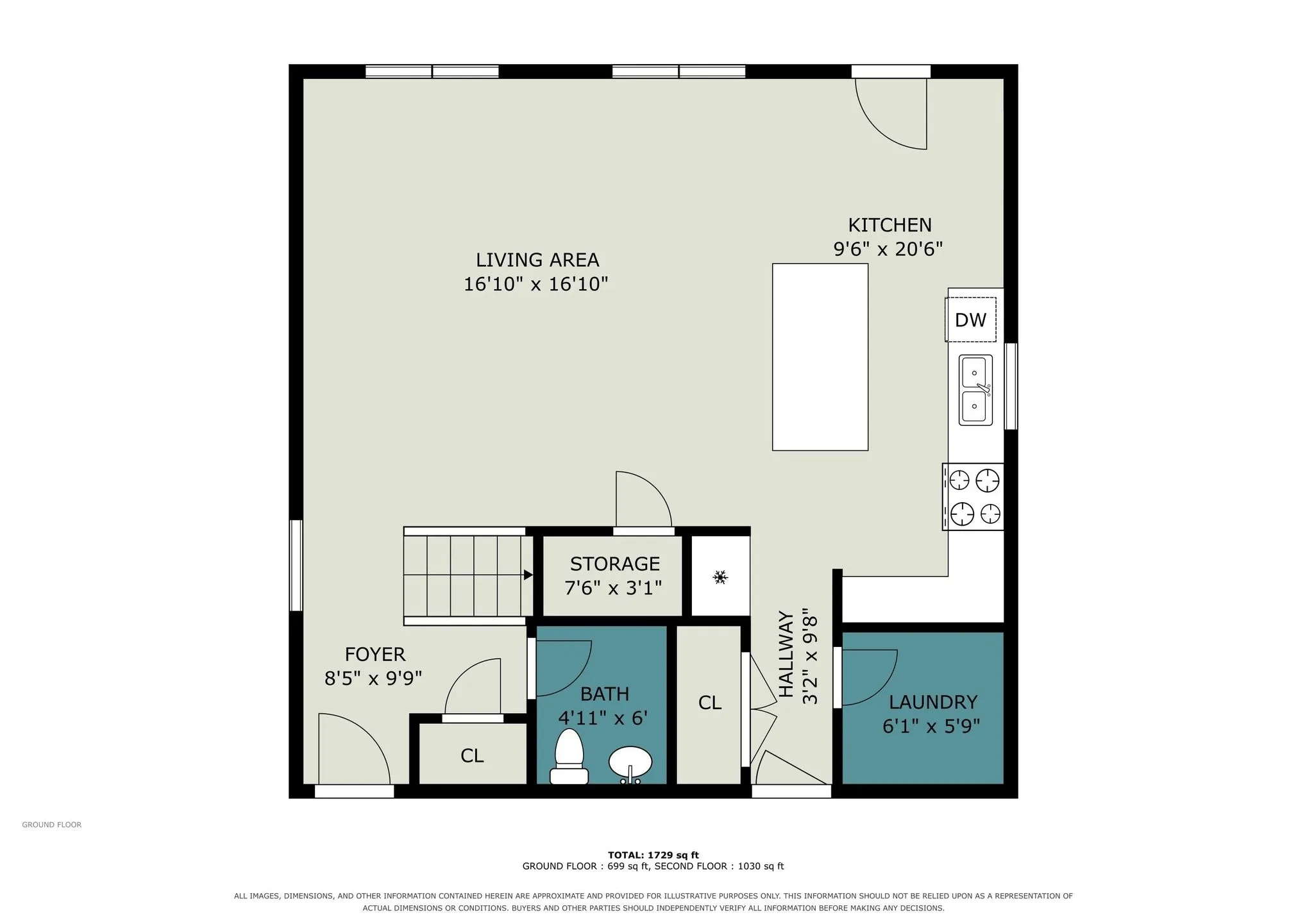 Main-level floor plan showing the connected living, dining and kitchen spaces. Layout and dimensions are approximate.
