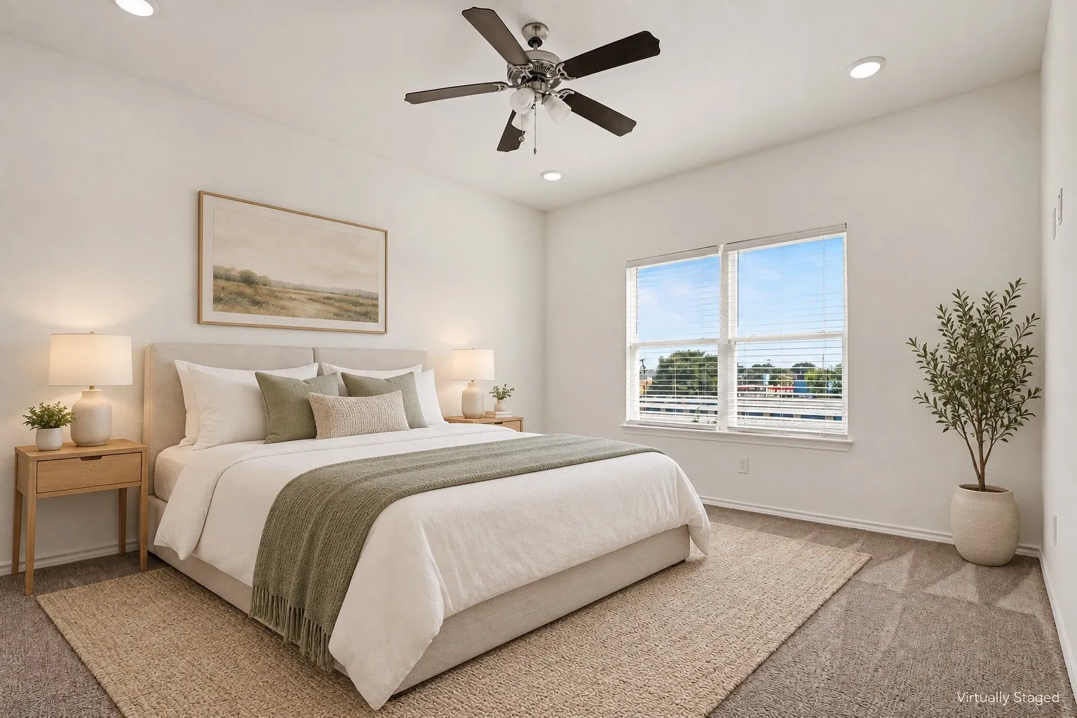 Virtually staged. A restful bedroom with a ceiling fan, recessed lighting and a wide window for natural light.