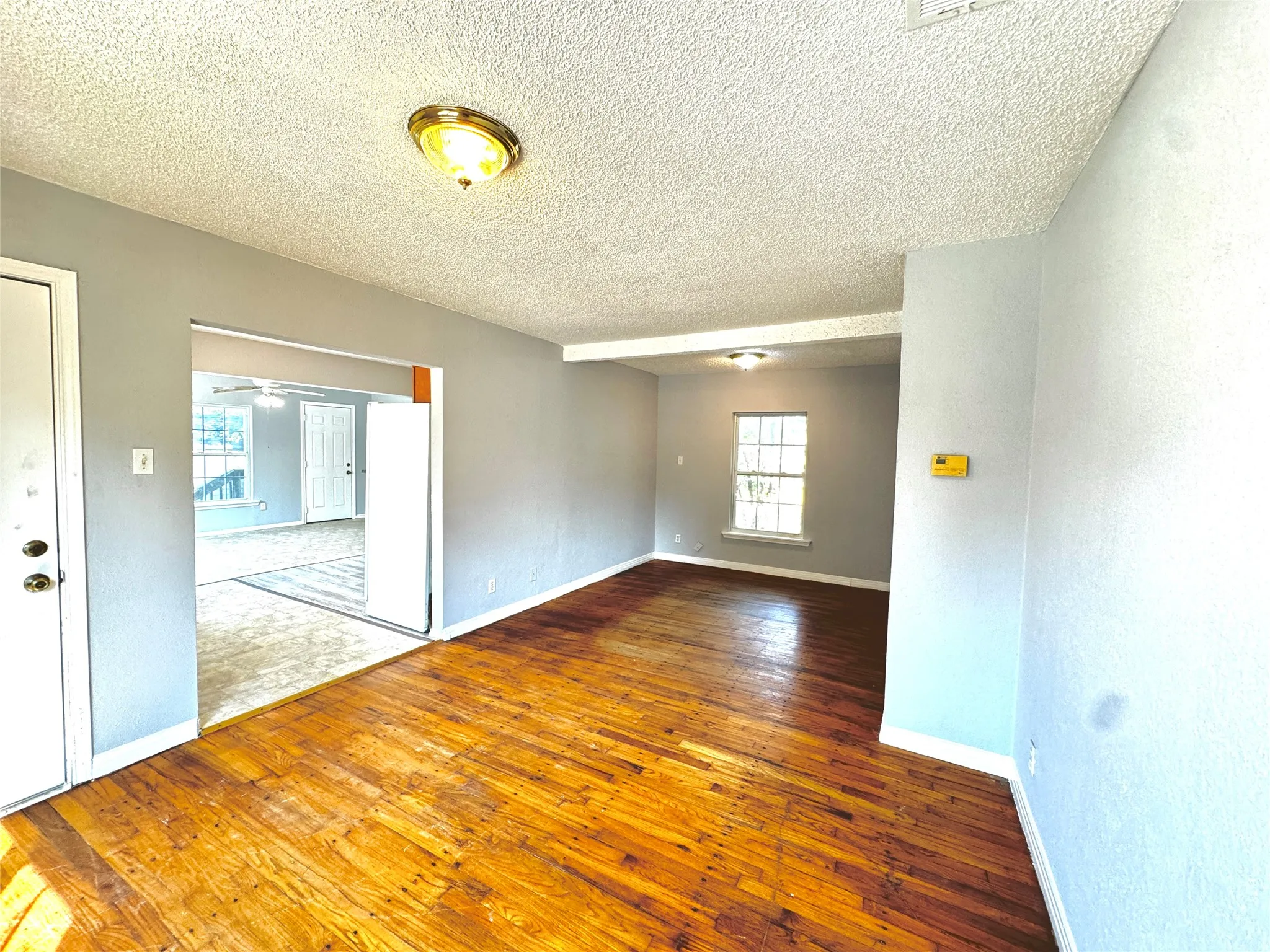 Hardwood flooring and light gray walls