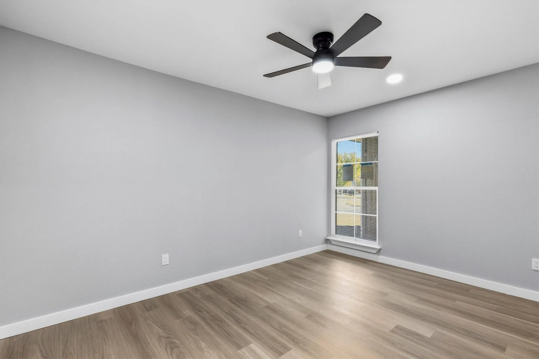 Light gray painted walls, wood-finish flooring, white window trim, and a black ceiling fan with integrated lighting