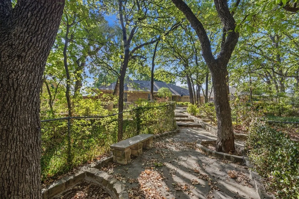 Terraced pathway with stone risers, mature trees, and a built-in stone bench
