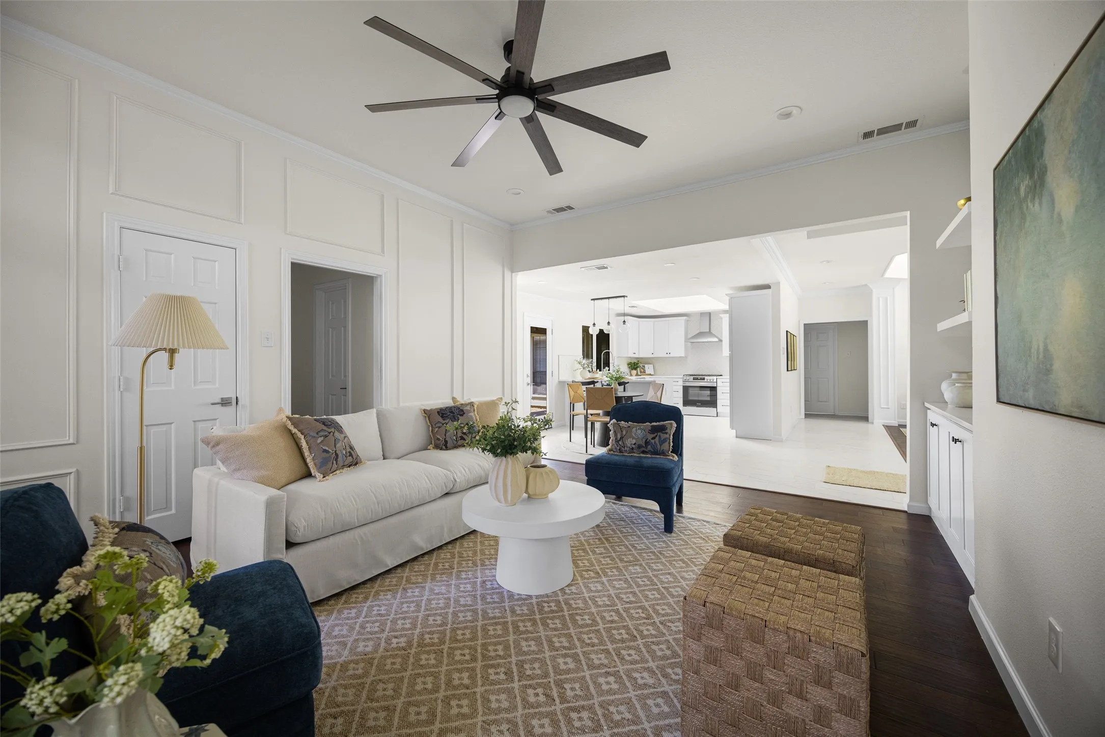 Open-concept living space off the kitchen