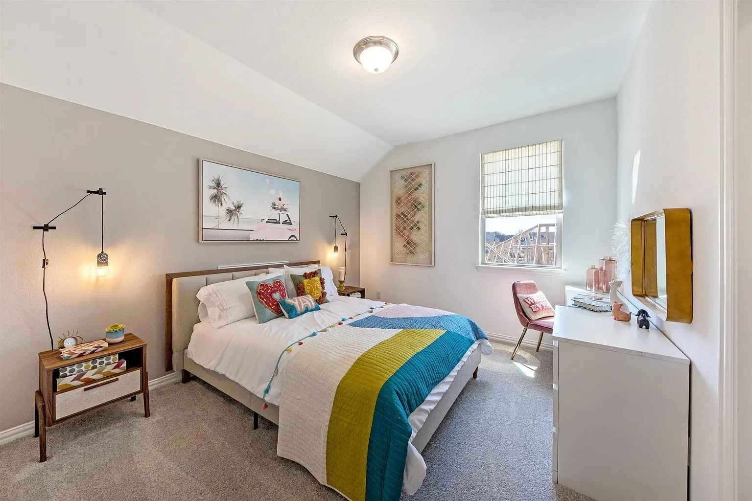 Plush carpet flooring, neutral paint palette, window with horizontal blinds, built-in ceiling light fixture, and wall-mounted light fixtures