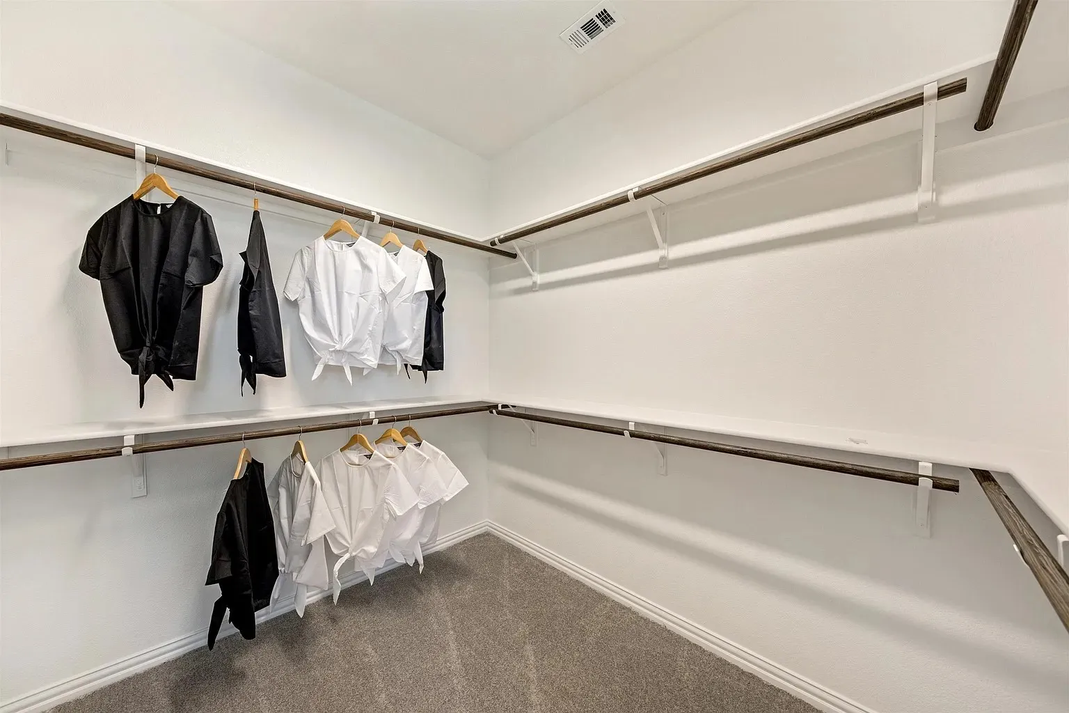 Walk-in closet with carpet flooring, white walls, and built-in shelving with hanging rods