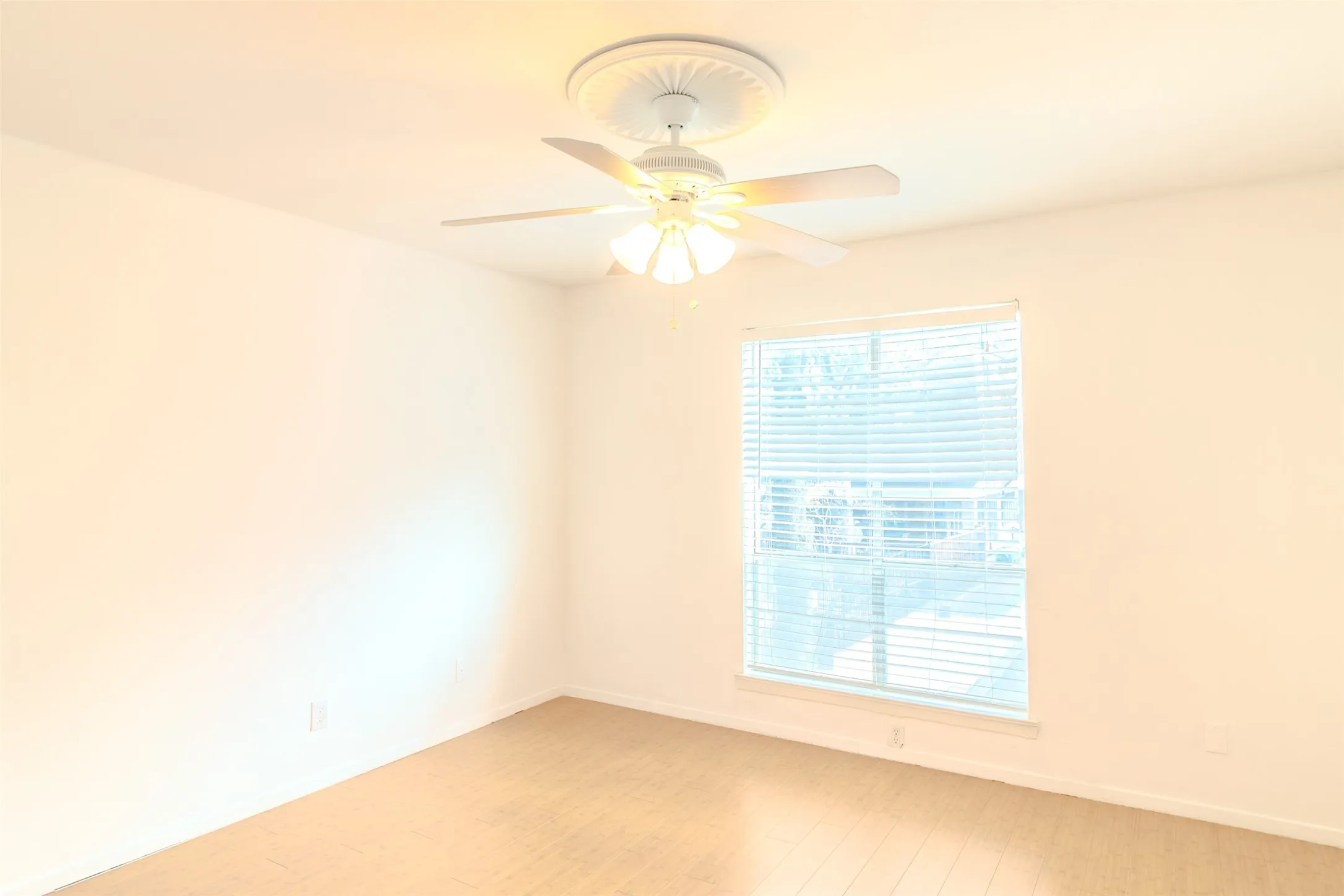 Empty room featuring ceiling fan and light wood-style flooring