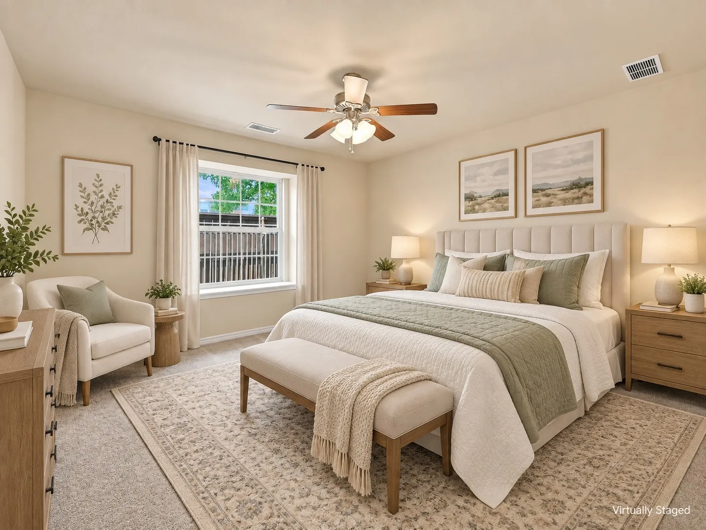 Carpeted flooring, window with white trim, ceiling fan with integrated lighting, and recessed lighting