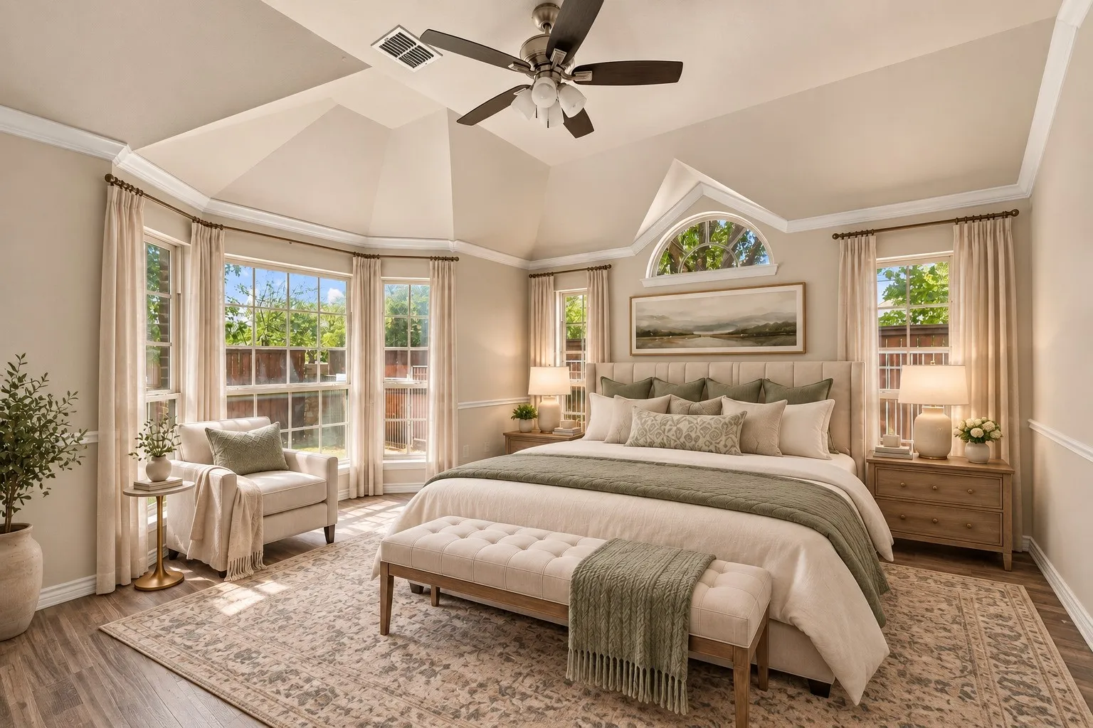 Tray ceiling with crown molding, wood-finish flooring, bay window with arched transom, ceiling fan with light fixture, and upholstered headboard