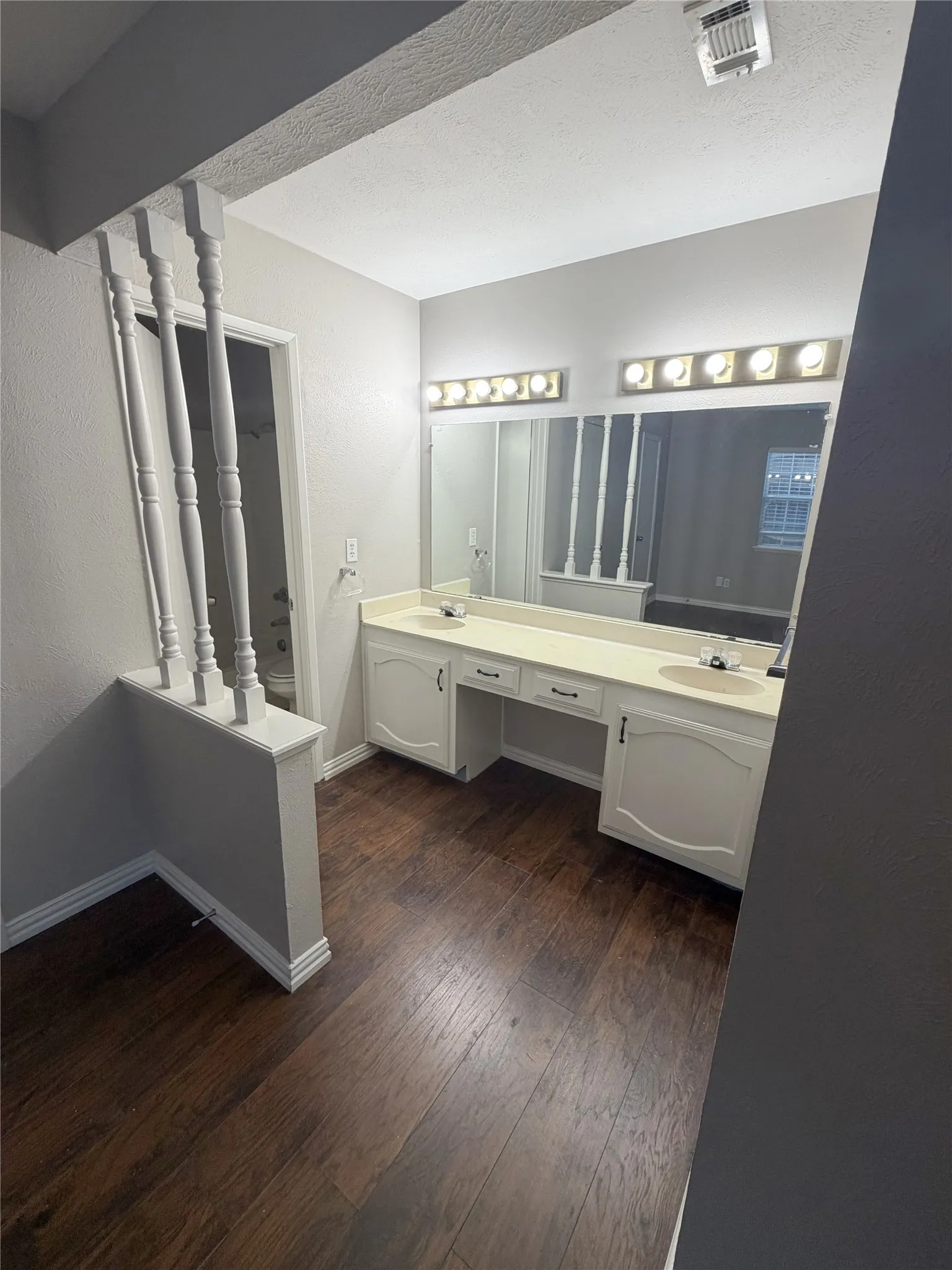 Wood-finish flooring with a dual vanity featuring integrated sinks, ample counter space, and dedicated vanity lighting