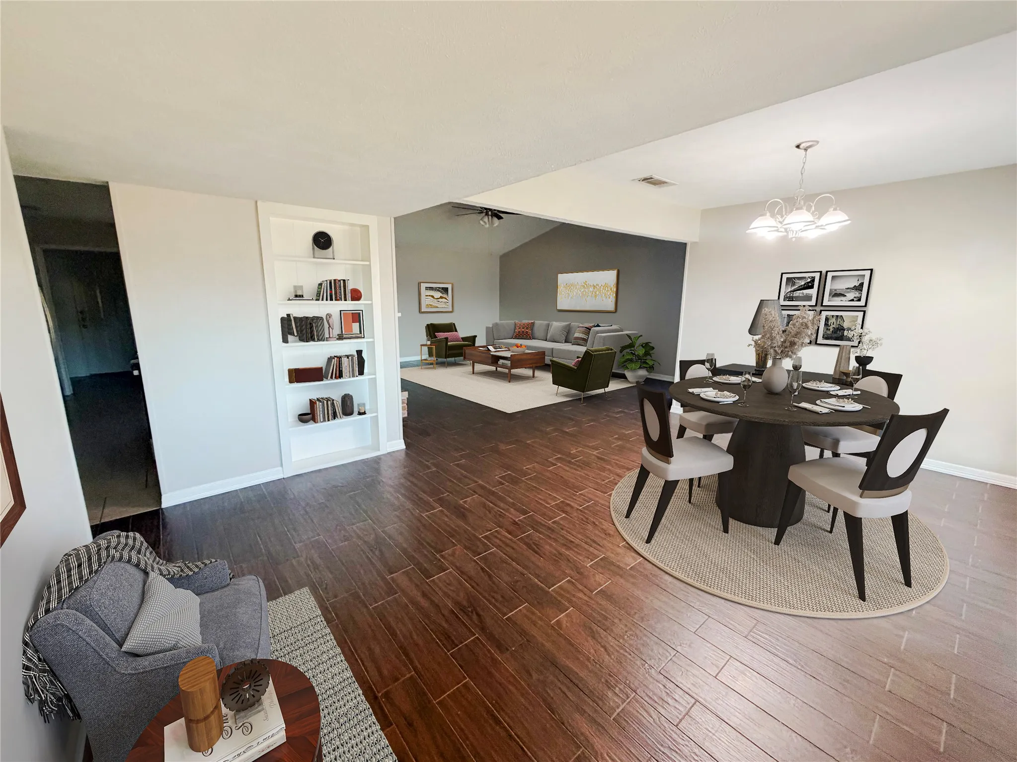 Wood-finish flooring throughout, built-in shelving, and a chandelier lighting fixture