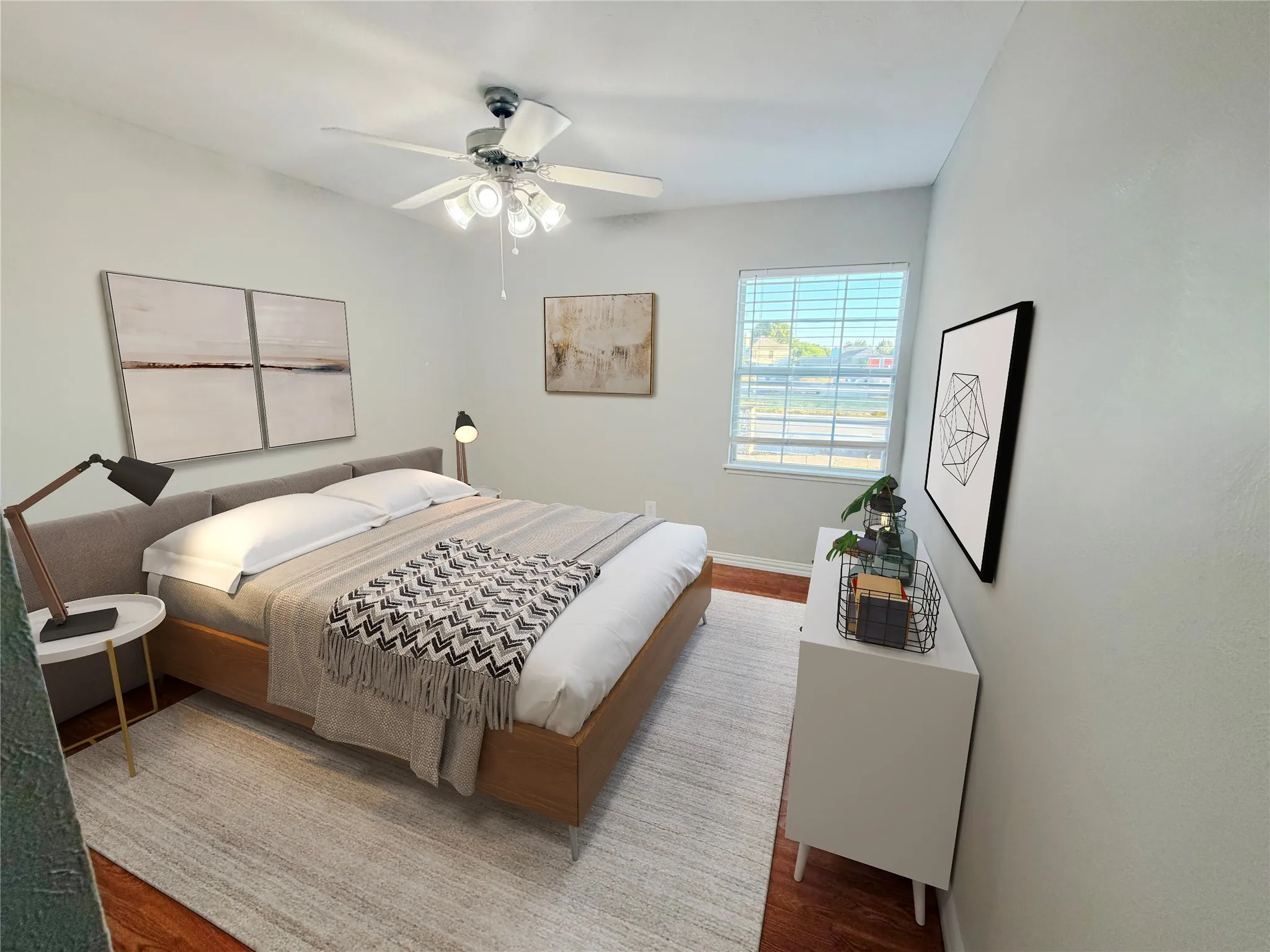 Wood-finish flooring with light-toned walls