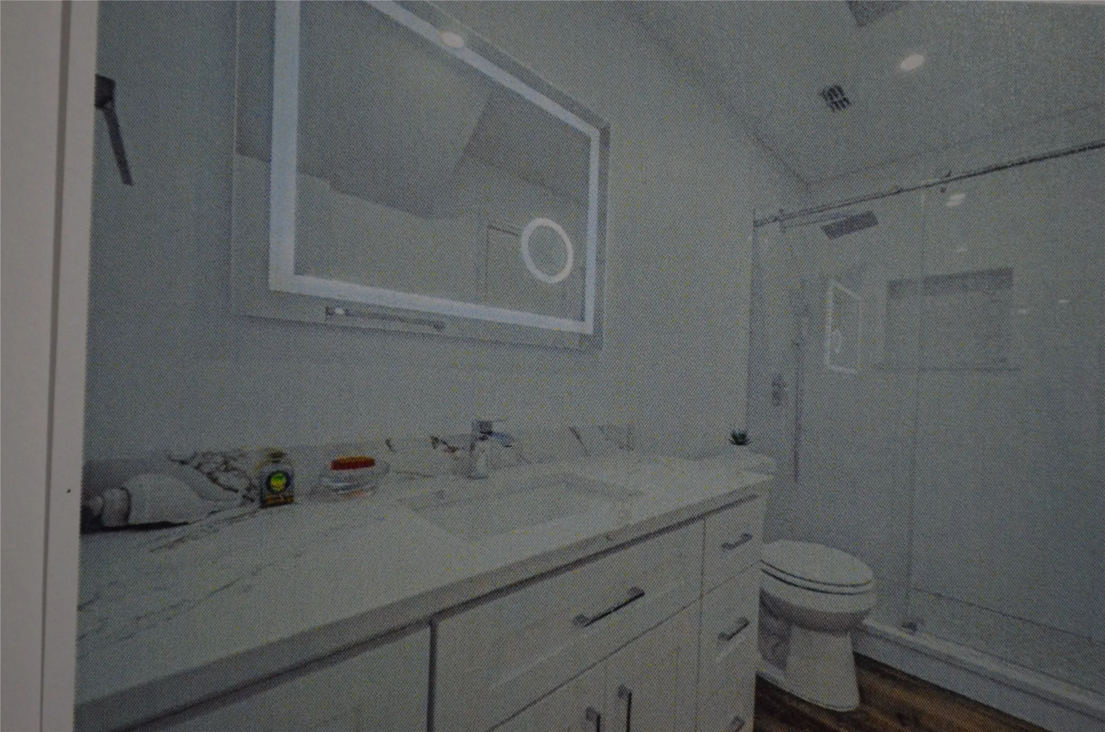 White vanity with drawer storage, integrated sink, and stone-finish countertop